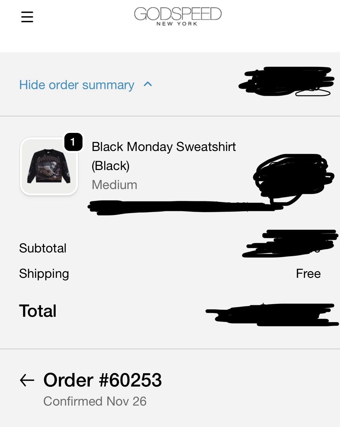 GODSPEED “BLACK MONDAY” SWEATSHIRT in Black Washed (Medium)