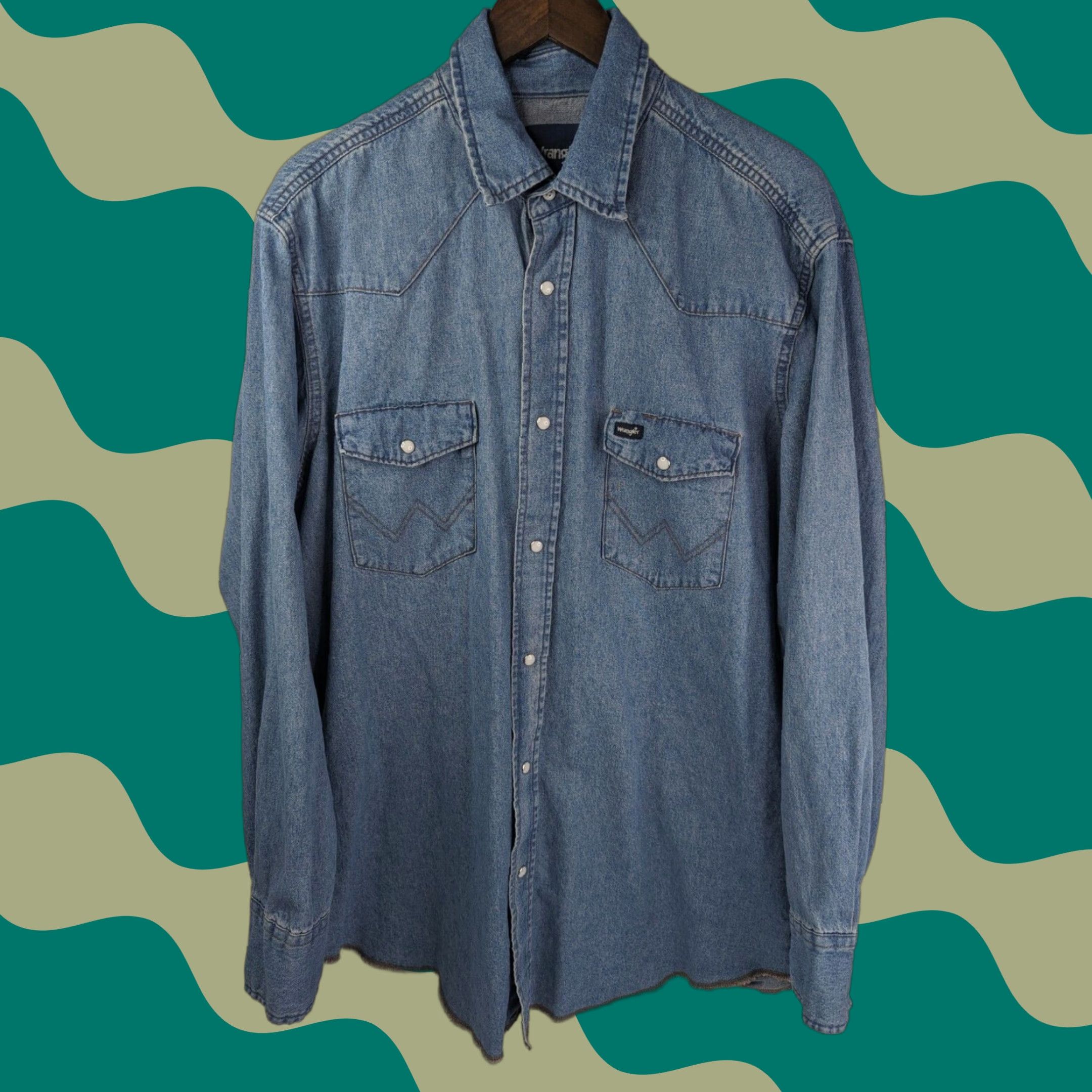 Wrangler Wrangler Men's XLT Cowboy Cut Stone Wash Denim Pearl Snap Work Shirt 70127SW Blue Long Sleeve Cotton Denim Pearl Snap Western Mens XLT 70127SW Size US XL / EU 56 / 4 - 1 Thumbnail
