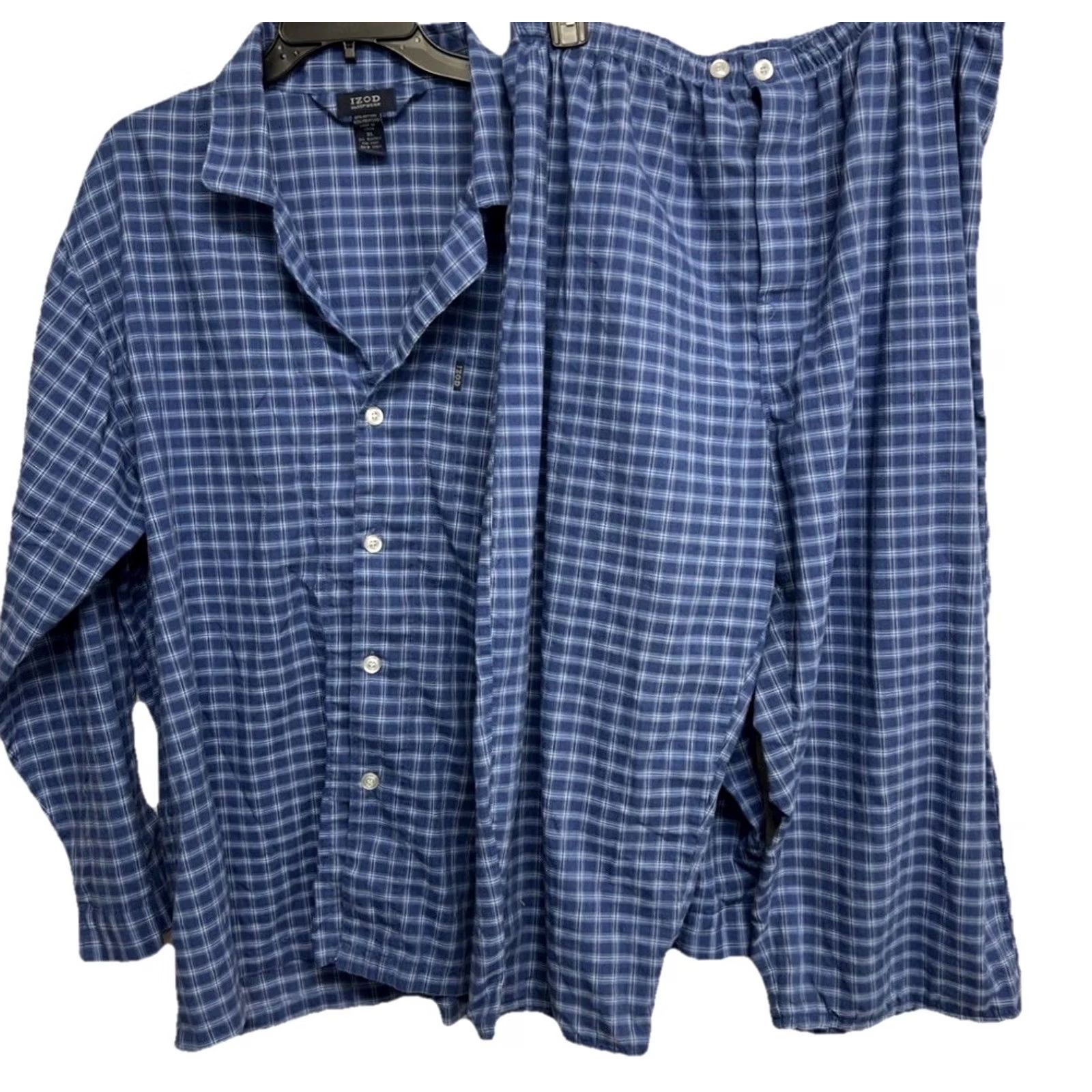 Izod IZOD Men's Pajama Set XL Blue Plaid Button Front Top Lounge Pants Sleepwear Size US XL / EU 56 / 4 - 2 Thumbnail