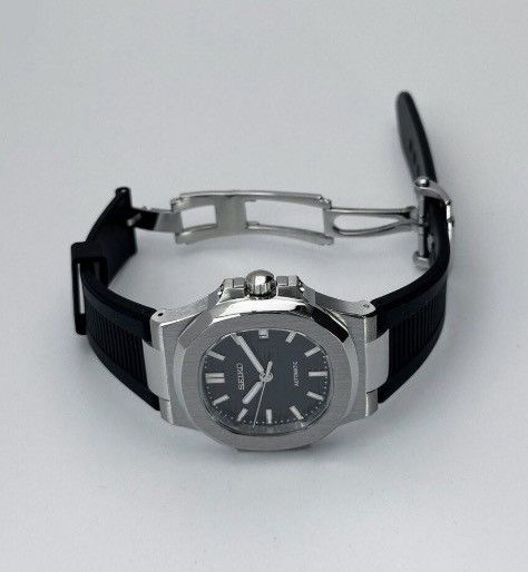 Japanese Brand Seiko Mod Nautilus Black Dial Steel Watch Rubber Strap 41mm Size ONE SIZE - 3 Thumbnail