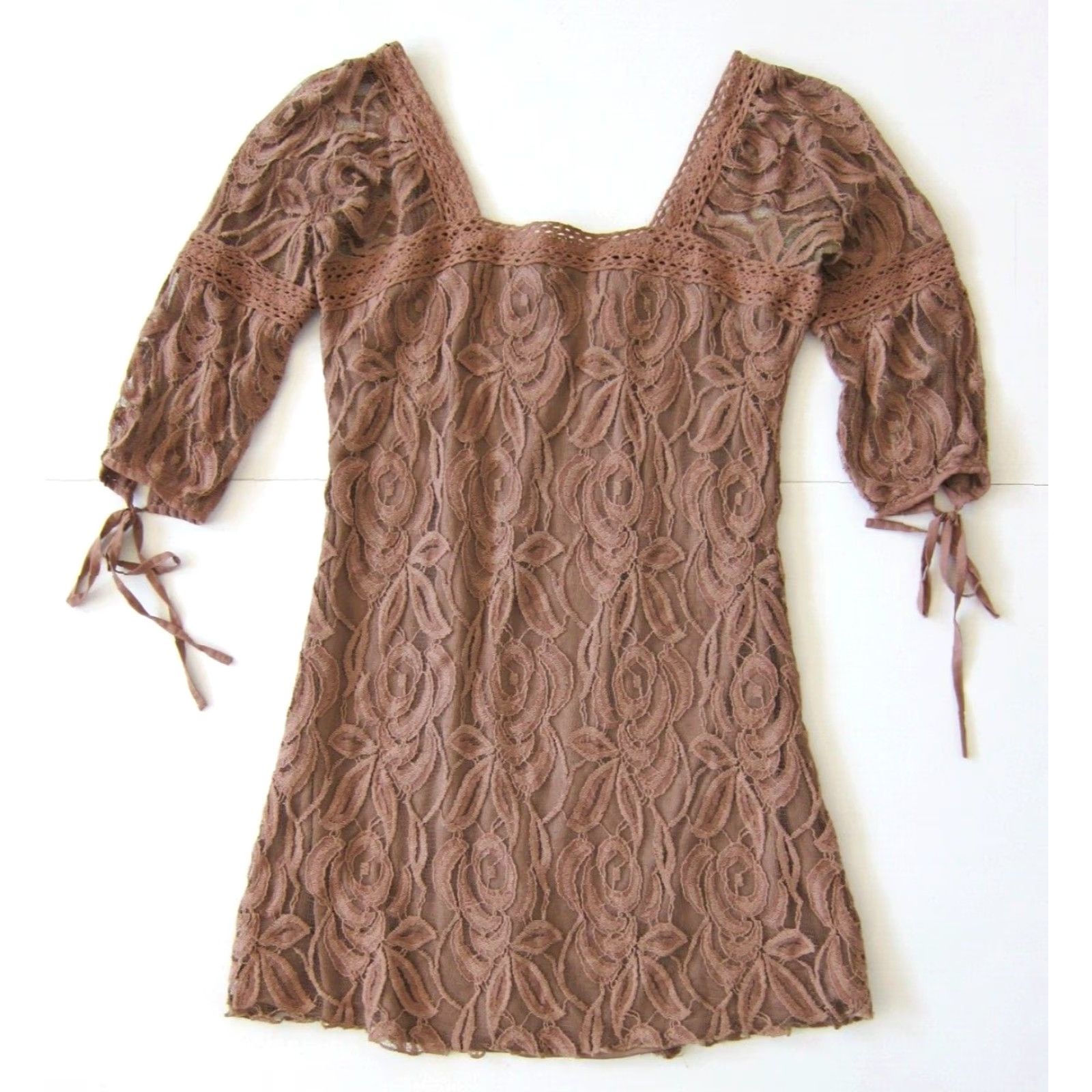 Vintage Solitaire Ravi Khosla Brown Crochet Lace Square Neck 3/4 Sleeve Tunic Dress M Size M / US 6-8 / IT 42-44 - 2 Thumbnail