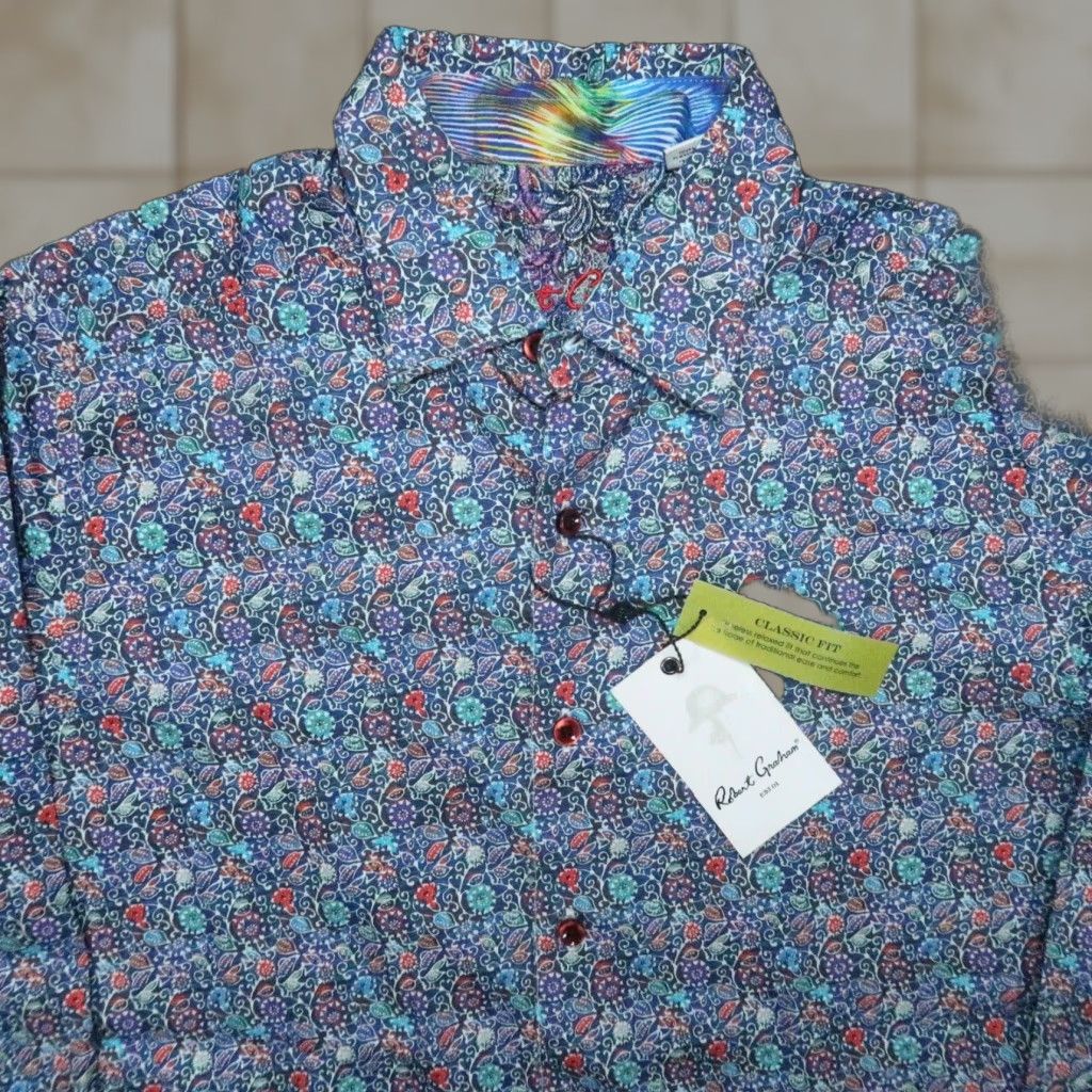 Robert Graham Robert Graham Shirt Men XS Blue Floral Long Sleeve Button-Up Flip Cuff Classic Size US XS / EU 42 / 0 - 1 Thumbnail