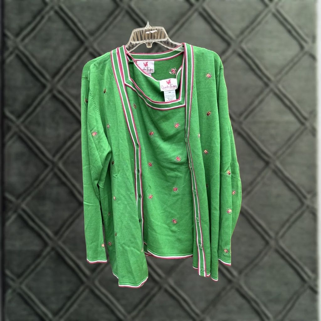 Quacker Factory VINTAGE Quacker Factory Ladies Sweater Cardigan And Tank Set Knit 1X Green Pink Bees Silk Blend Lightweight Long Sleeve Cardigan Womens Plus N/A Size XL / US 12-14 / IT 48-50 - 1 Thumbnail