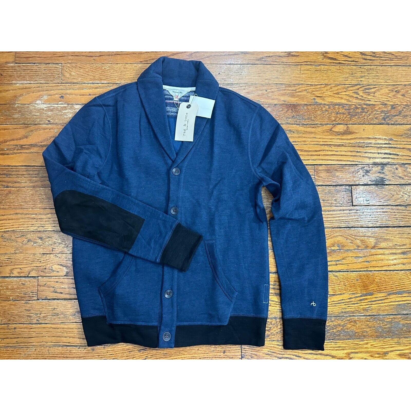 image of Rag Bone Rag & Bone Knit Shawl Collar Goat Suede Trim Cardigan Navy S in Blue, Men's (Size Medium)