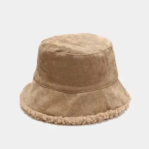 image of Hats Reversible Faux Fur Lamb Wool Bucket Hat in Khaki, Men's