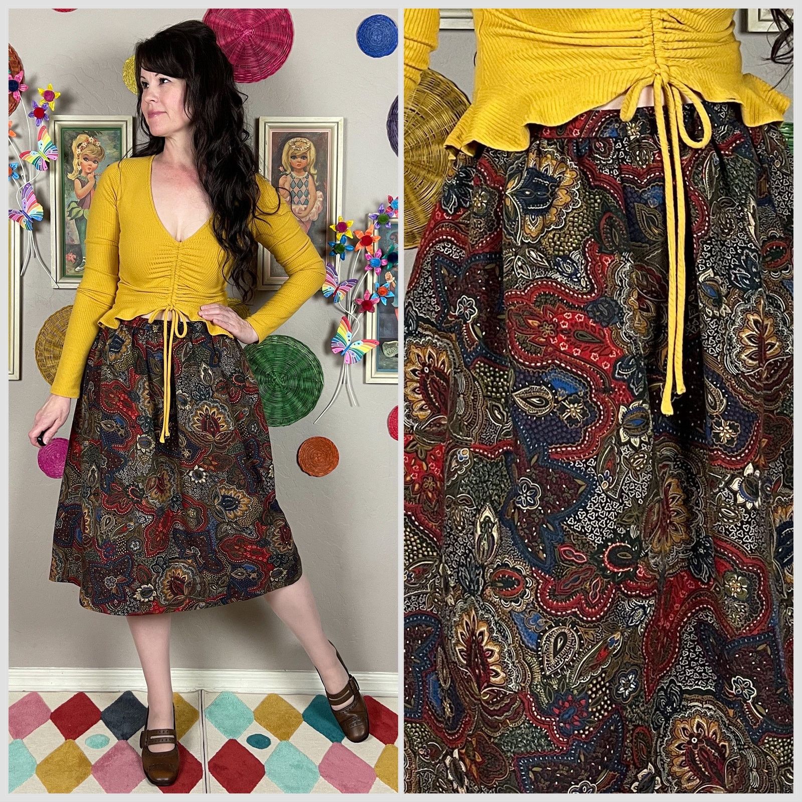 Vintage Vintage 1970s Paisley Print High Waisted A-Line Wool Skirt Size 28" / US 6 / IT 42 - 1 Thumbnail