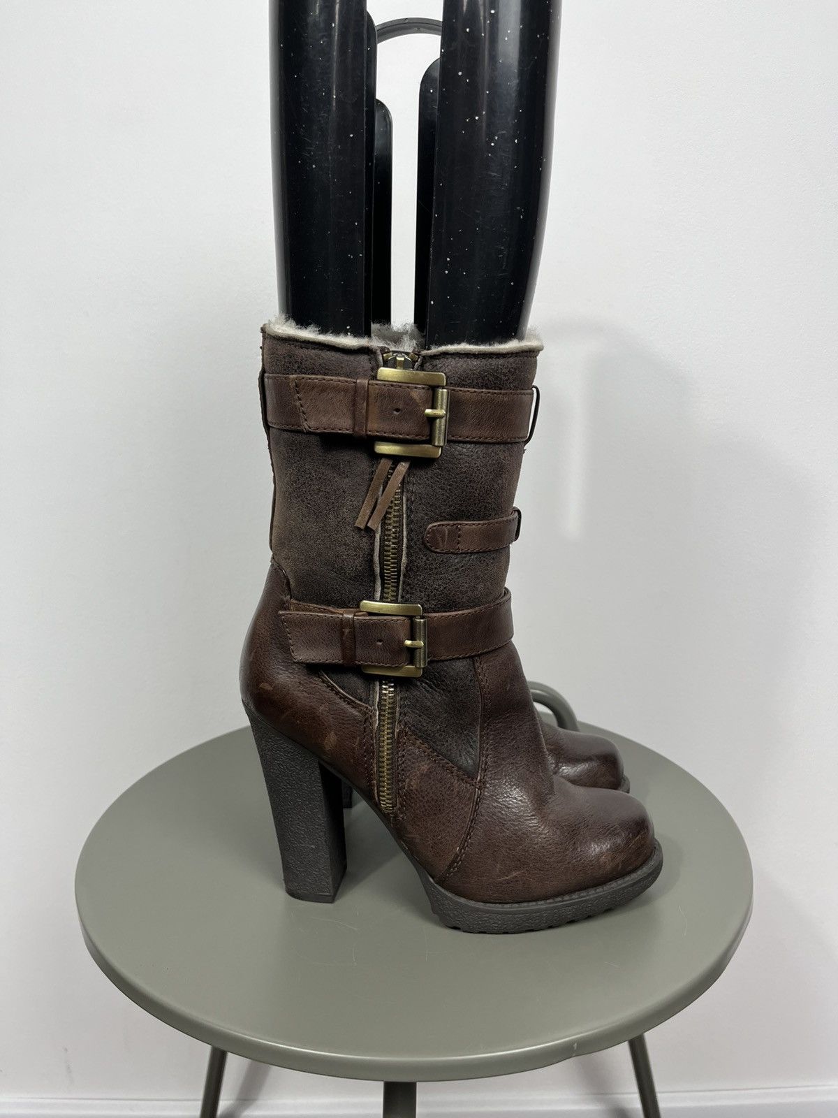 Other Women Brown Leather Buckle High Heel Boots Shearling EU 38 Size US 7 / IT 37 - 3 Thumbnail