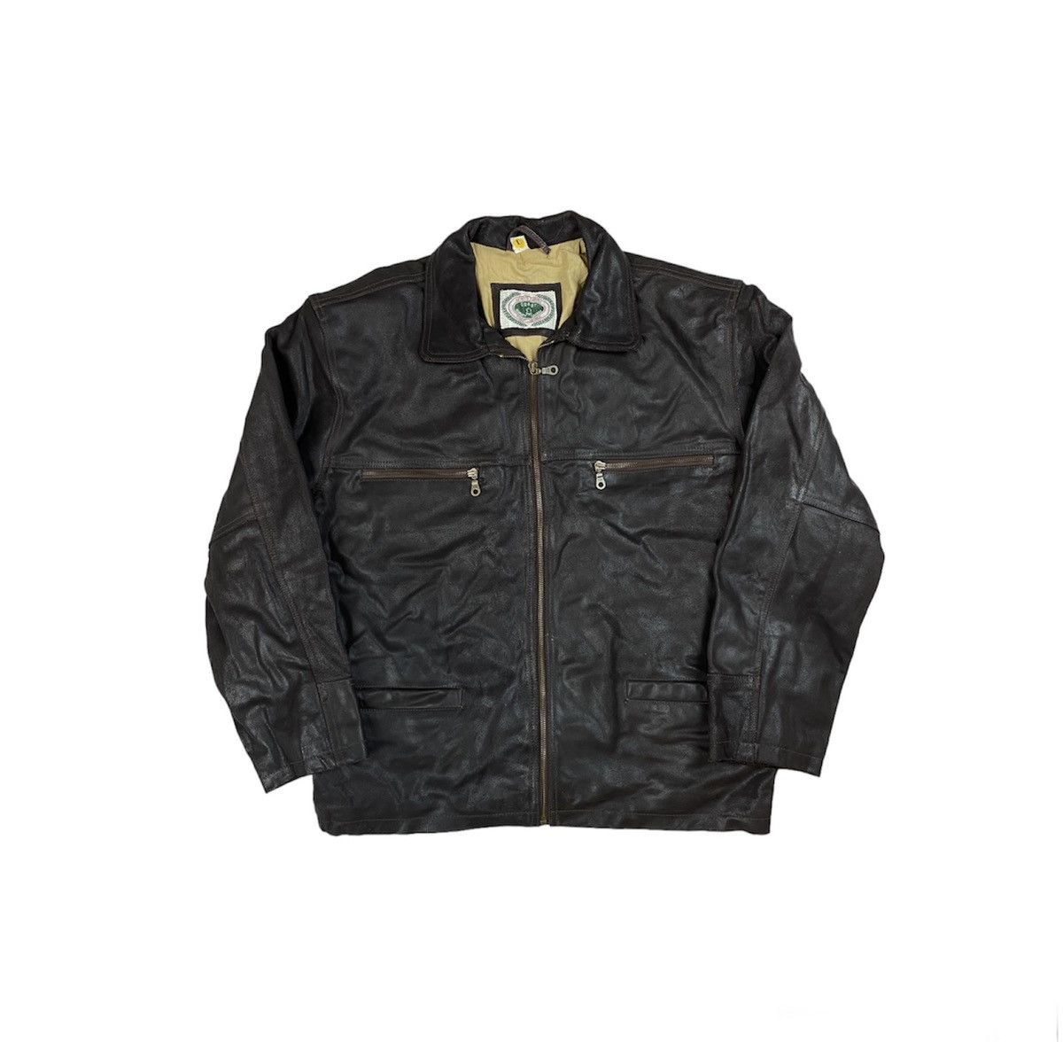image of Brown Leather Jacket 90's Original Casual Retro Item, Men's (Size Large)