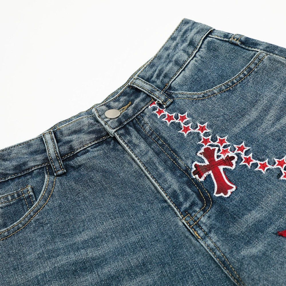 Jean Men's washed distressed cross embroidered scimitar jeans Size US 32 / EU 48 - 3 Thumbnail