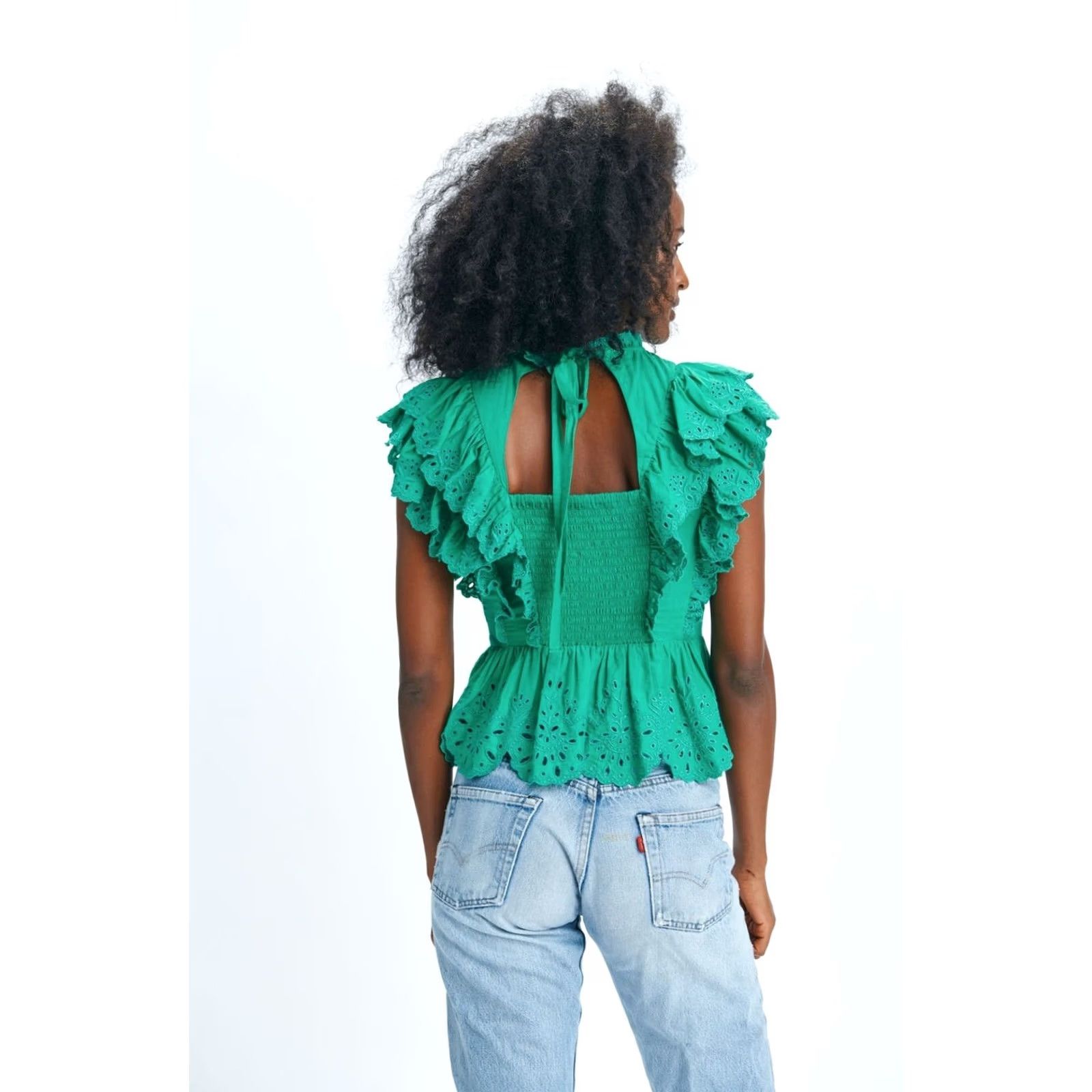 Vintage Love The Label Lea High Neck Ruffle Blouse Top Kelly Green Women's L New Size L / US 10 / IT 46 - 2 Thumbnail