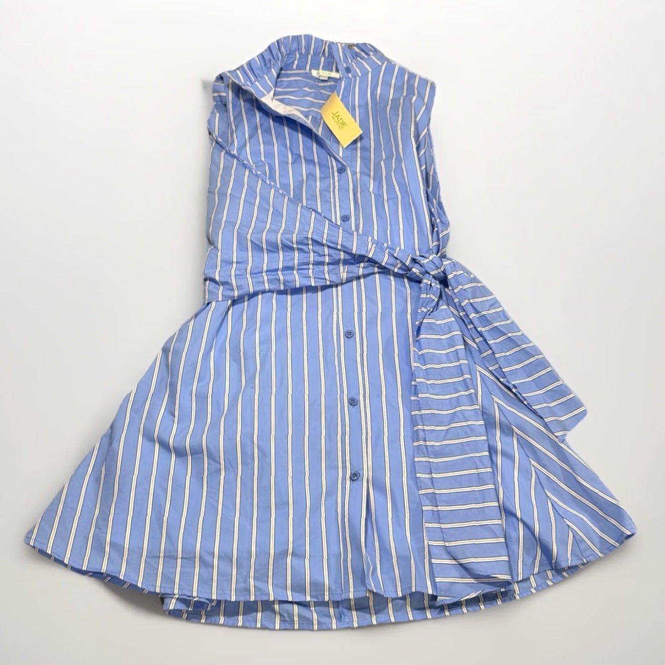 Vintage NWT Jade Melody Tam Blue Stripe Back Wrap Dress S Women Midi Sleeveless Blue Stripe Bow Embroidered Ruffle Belted Lined Pockets Dress Size S / US 4 / IT 40 - 2 Thumbnail