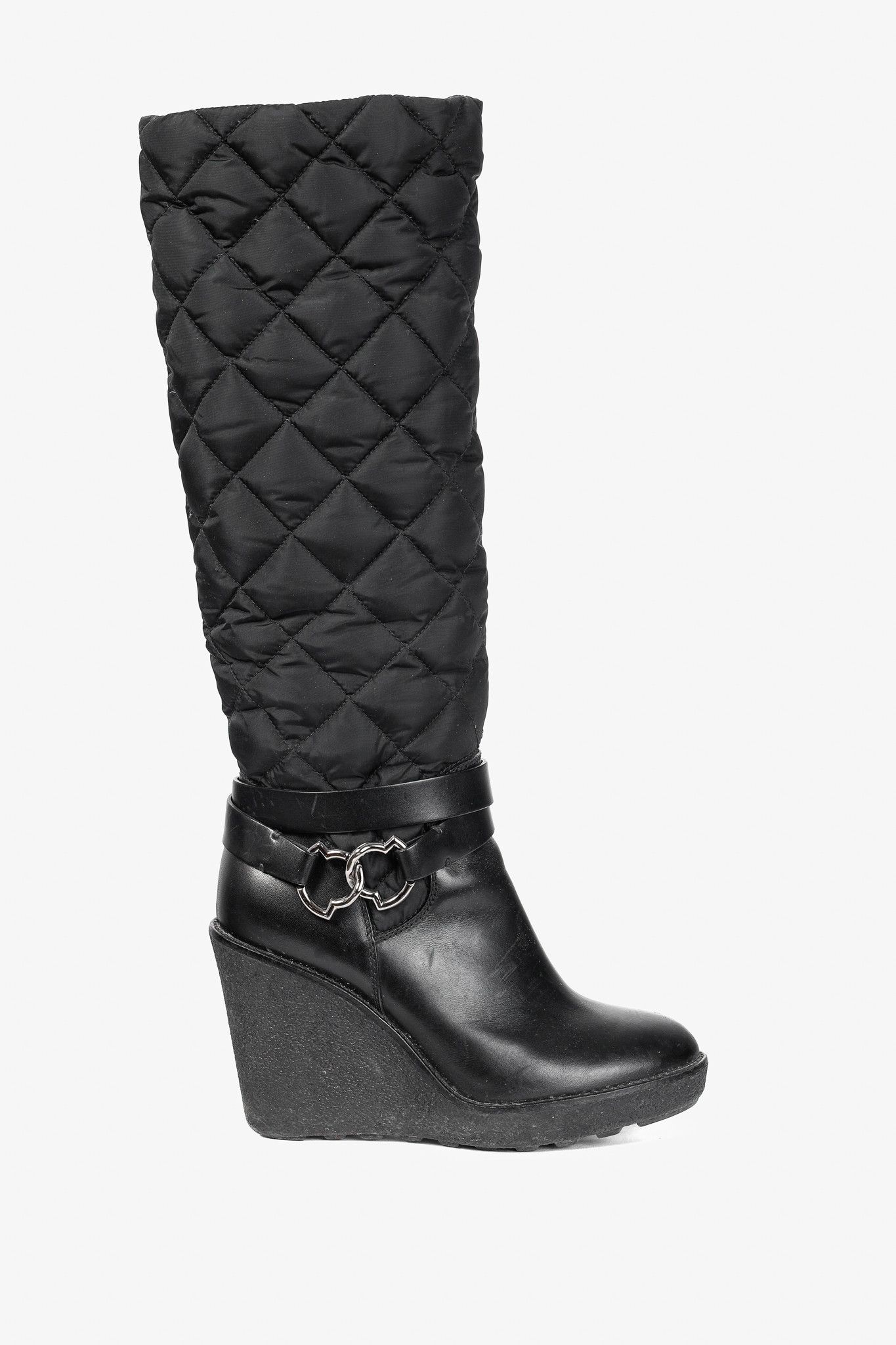 Moncler Moncler New Cernobbio Black Quilted Leather Wedge Boots Size US 6.5 / IT 36.5 - 1 Thumbnail