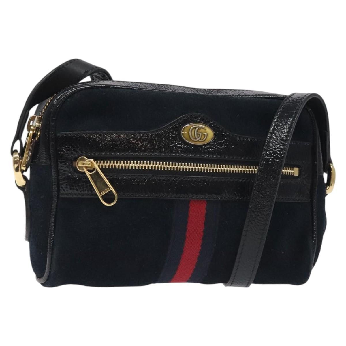 GUCCI Ofdea Sherry Line Shoulder Bag Suede Navy Gold
