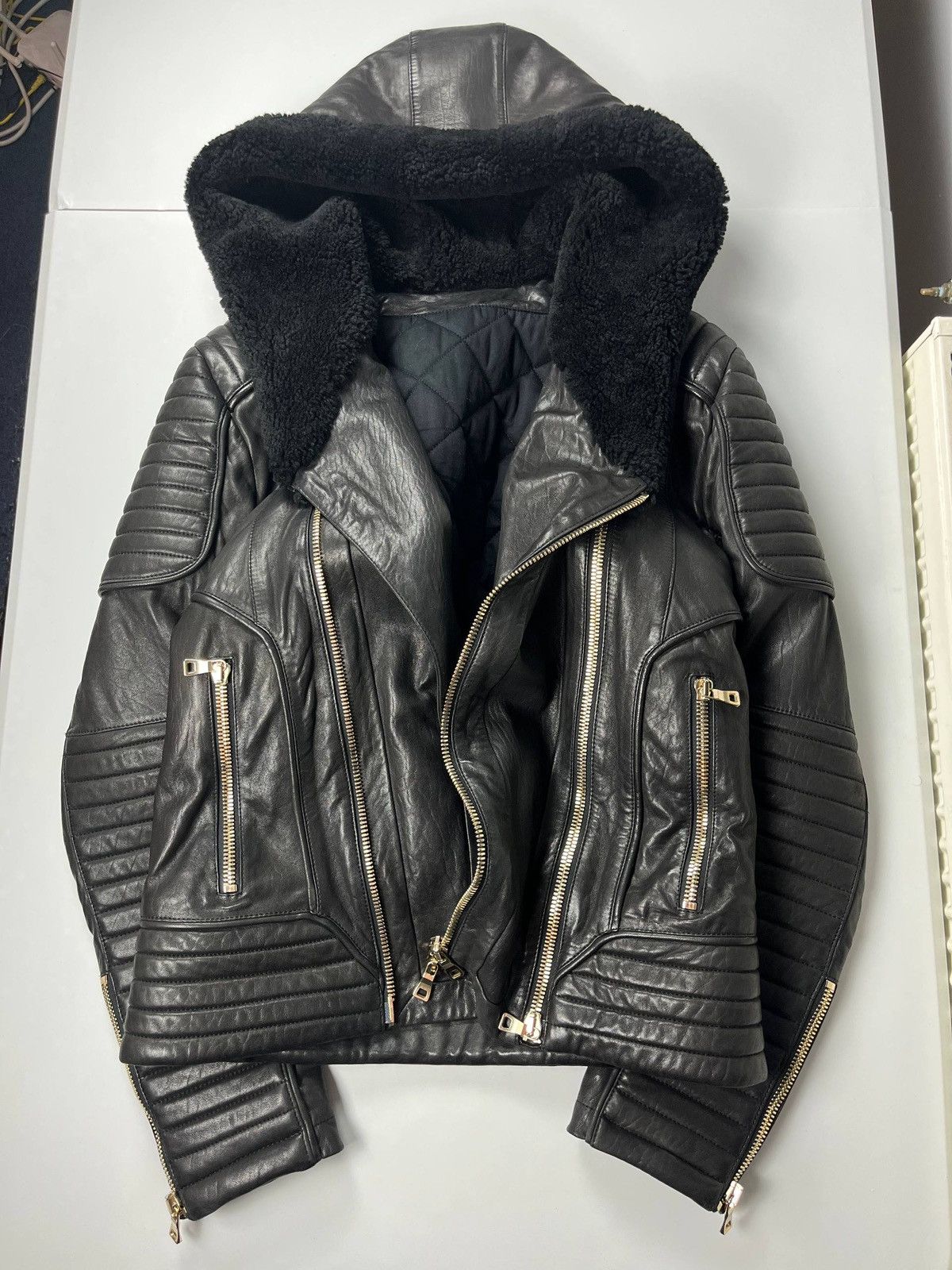 Balmain Balmain 2011 Runway Leather Raccoon Fur Cozy Wool Jacket