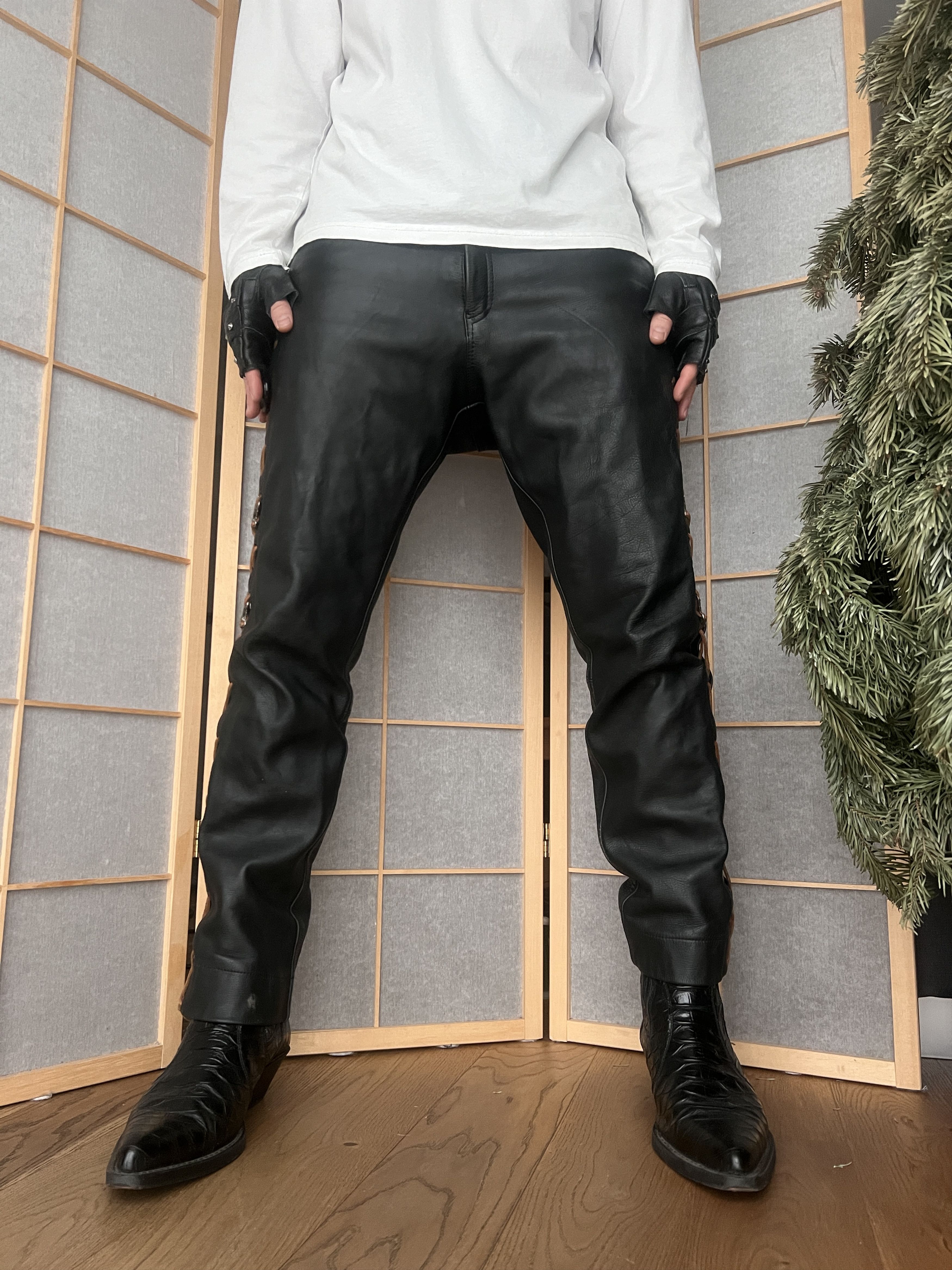 Hysteric Glamour SICK! Real leather vtg lace up pants cowboy core opium biker Size US 34 / EU 50 - 2 Thumbnail