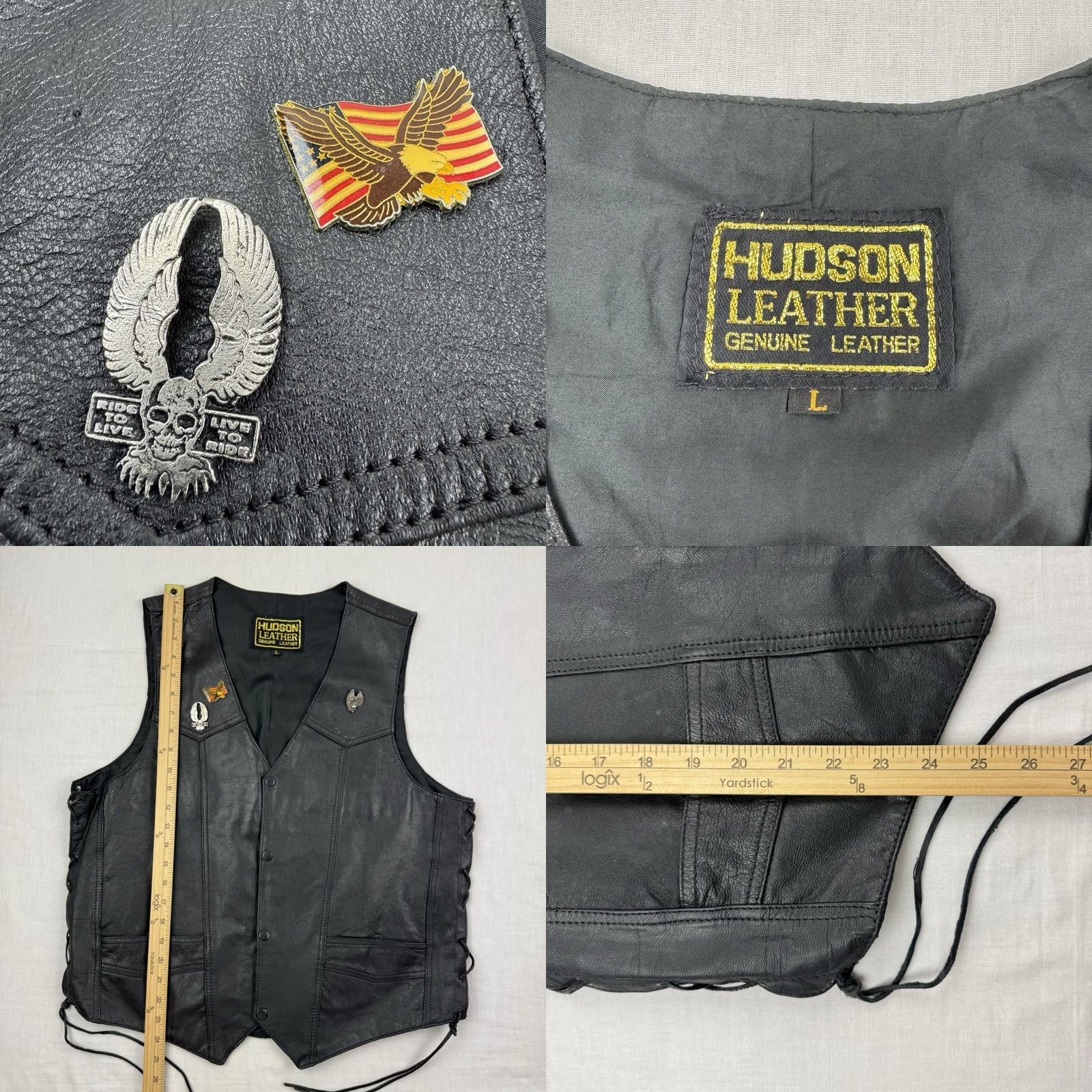 Hudson VINTAGE Hudson Leather Biker Vest Adult L Black Leather Snaps 90s Mens Motorcycle Vintage Size US L / EU 52-54 / 3 - 8 Thumbnail