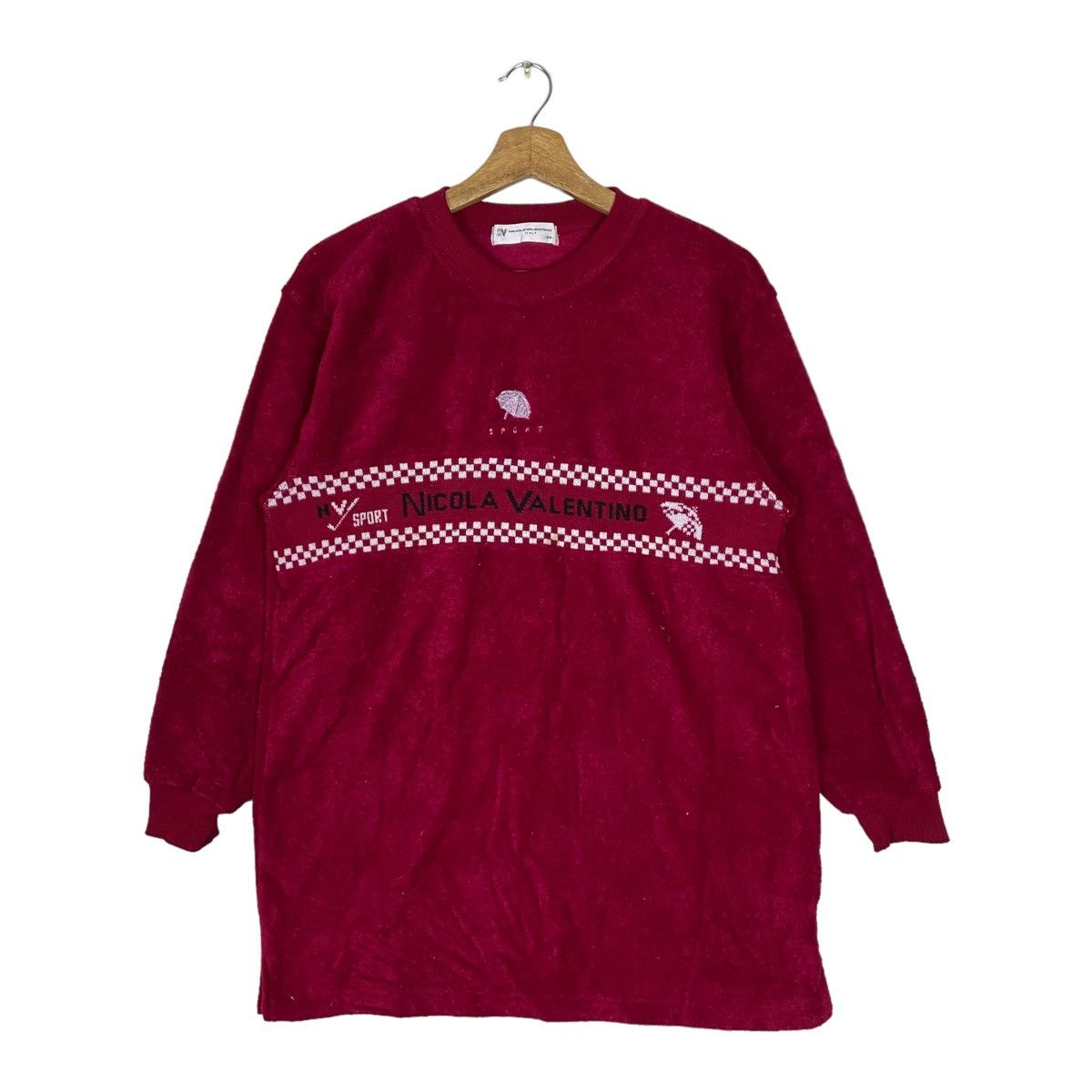 image of Vintage Nicola Valentino Sport Spell Out Pullover Jumper in Burgundy, Women's (Size Medium)