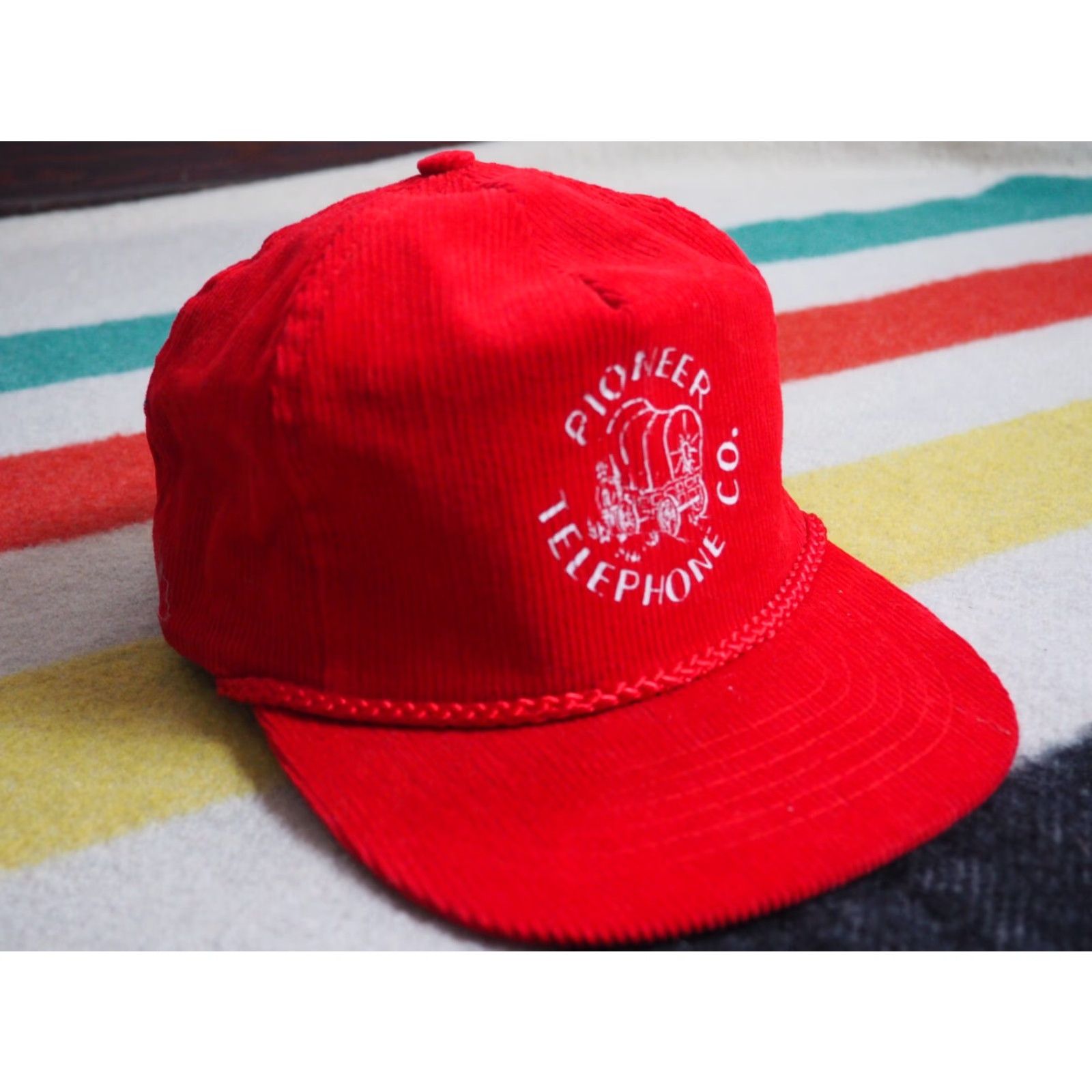 Vintage VTG 70s 80s Pioneer Telephone Co Red Corduroy Trucker Strapback Hat Cap OSFM EUC Size ONE SIZE - 2 Thumbnail