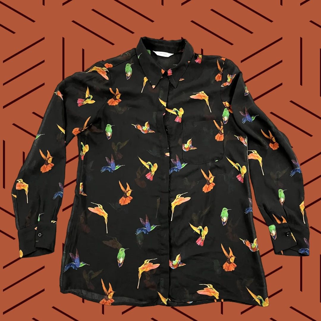 Vintage NAF NAF Shirt Womens 40 Black Sheer Hummingbird Button Up Vintage Paris 80s Womens Shirt Black Silk Blend Vintage Paris 80s Size S / US 4 / IT 40 - 1 Thumbnail