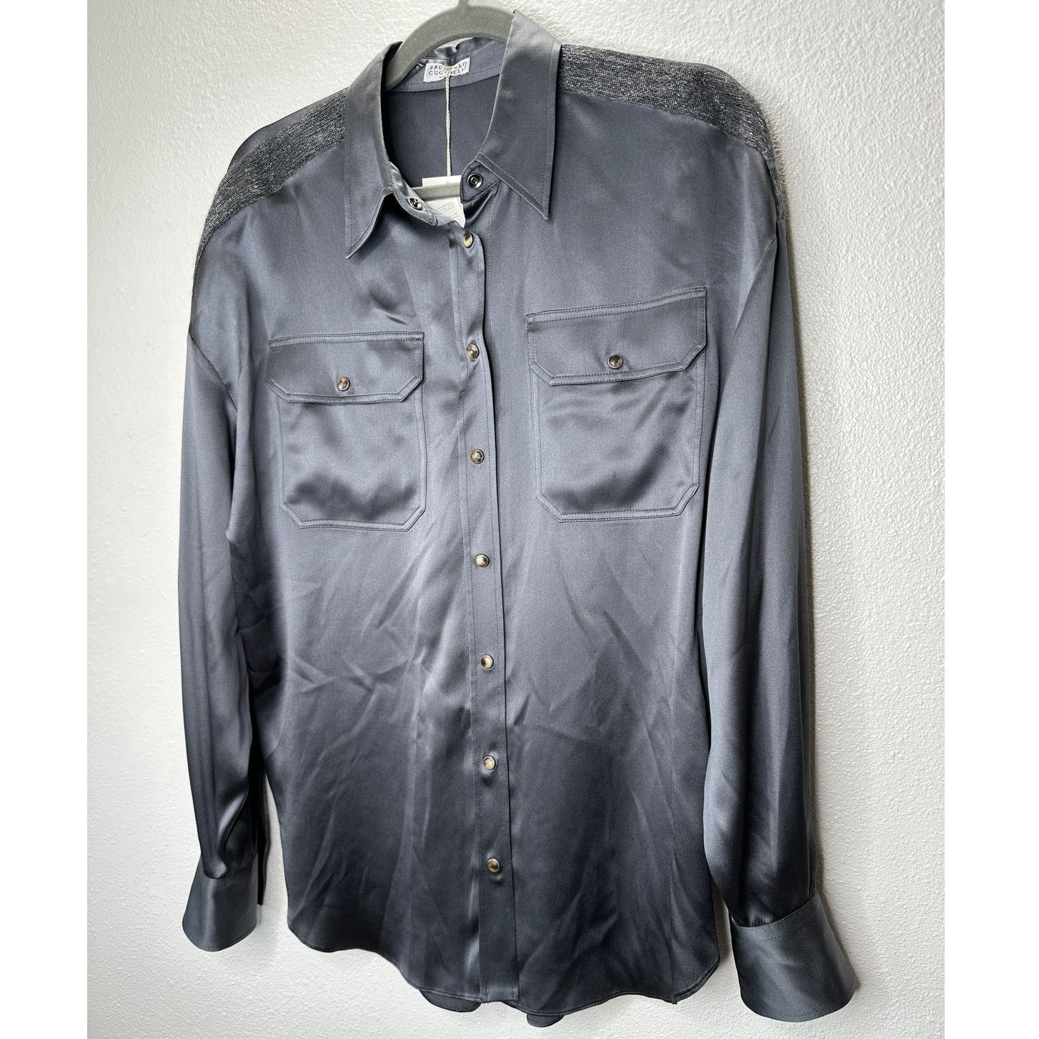 Brunello Cucinelli NWT Brunello Cucinelli Gray Silk Beaded Snap Shirt XL Size XL / US 12-14 / IT 48-50 - 3 Thumbnail