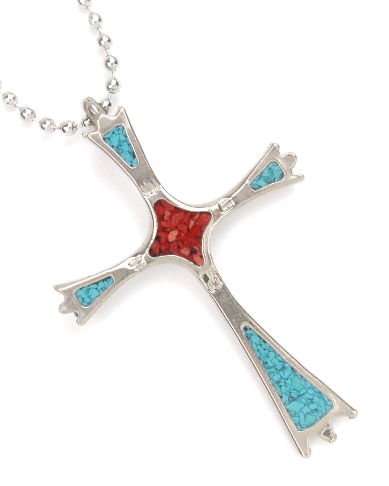 Vintage 2000S TURQUOISE & RED CORAL INLAY CROSS PENDANT NECKLACE Size ONE SIZE - 3 Thumbnail