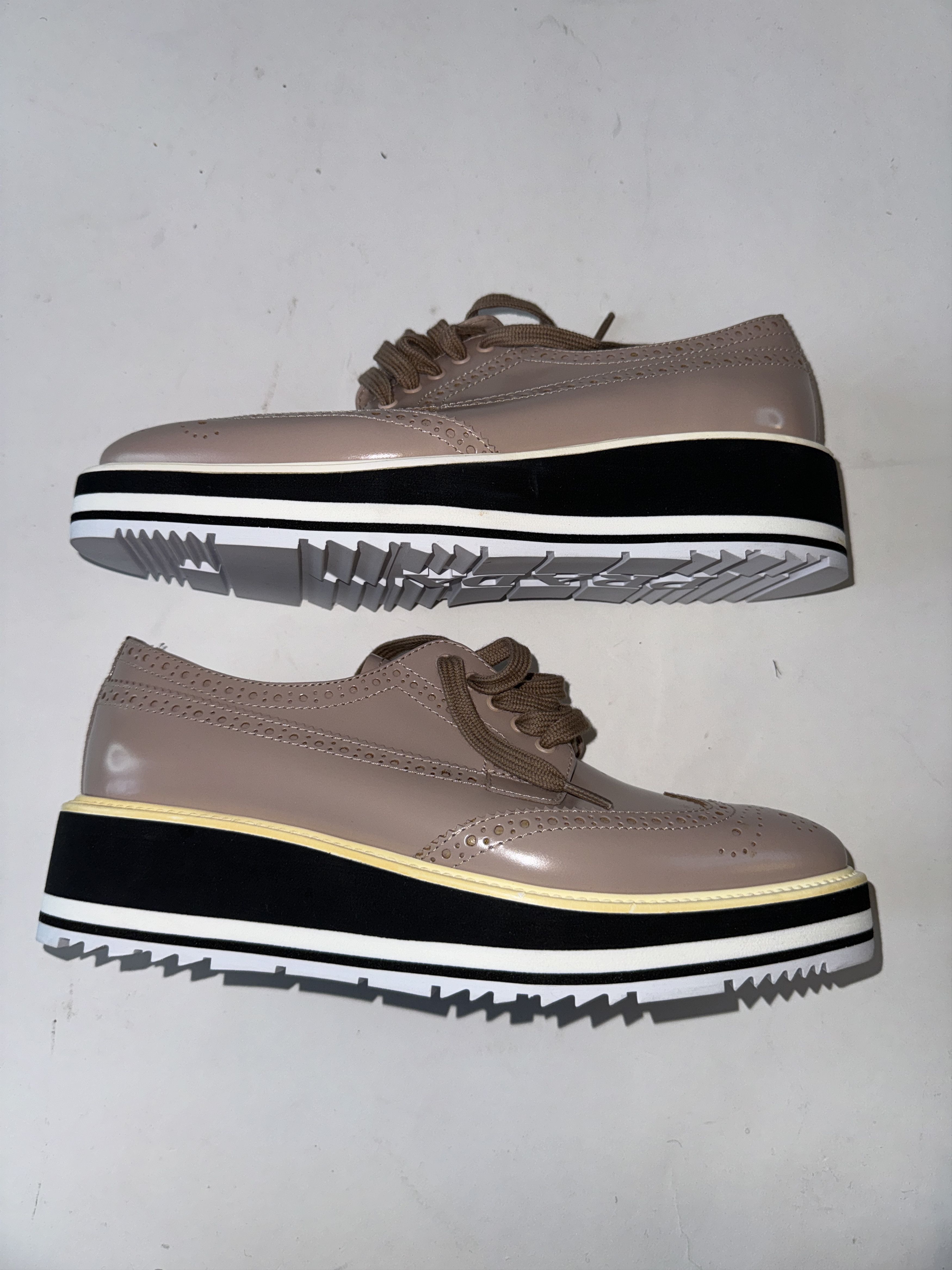 image of Prada Brushed Perforated Leather Platform Espadrille Shoes in Cream, Women's (Size 8.5)