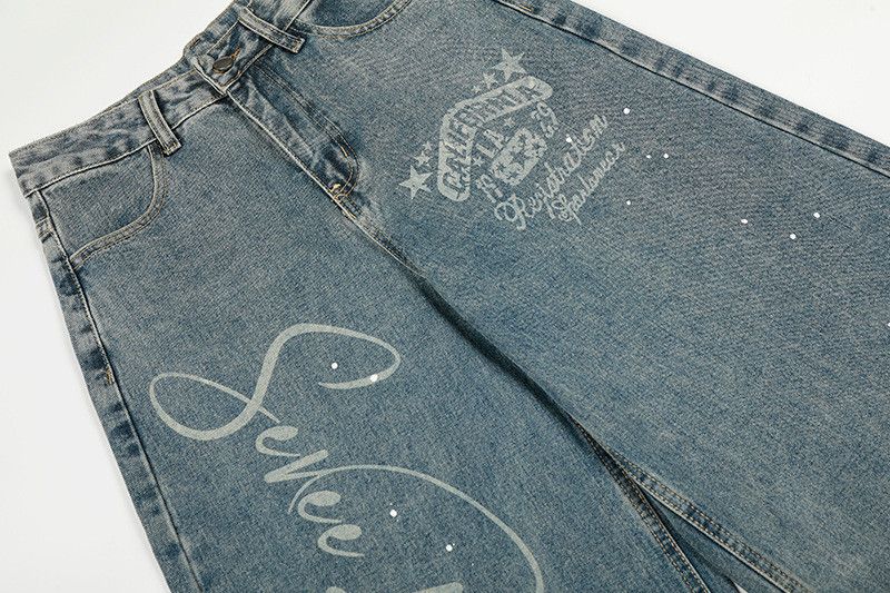 Jean American retro letter print curved splatter paint jeans Size US 32 / EU 48 - 4 Thumbnail