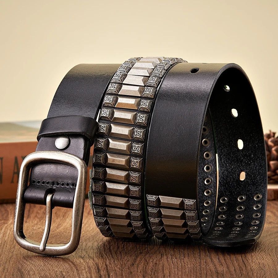 Genuine Leather Heavy Metal Rivet Leather Belt Size ONE SIZE - 2 Thumbnail