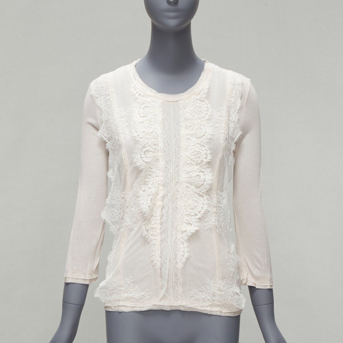 Lanvin LANVIN off white lace overlay asymmetric cropped 3/4 sleeve top FR32 XXS Size XS / US 0-2 / IT 36-38 - 1 Thumbnail