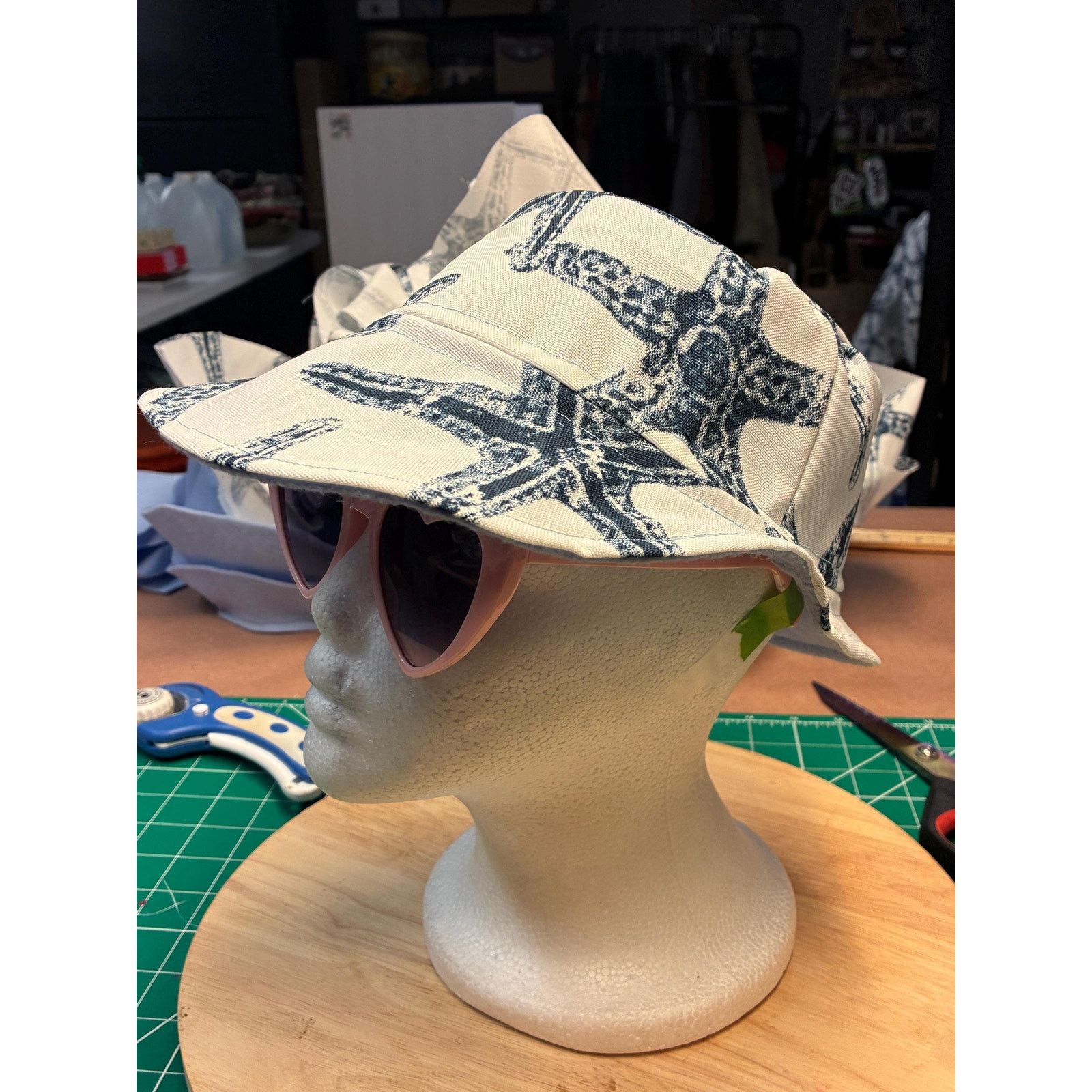 Other Upcycled Bucket Hat — Navy & White Starfish Print, Size ONE SIZE - 3 Thumbnail