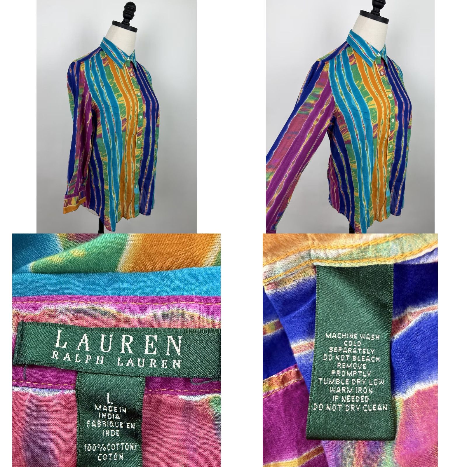 Ralph Lauren Ralph Lauren Shirt Womens Large Tie Dye Striped Button Up 3/4 Sleeve Boho 90s Size L / US 10 / IT 46 - 8 Thumbnail