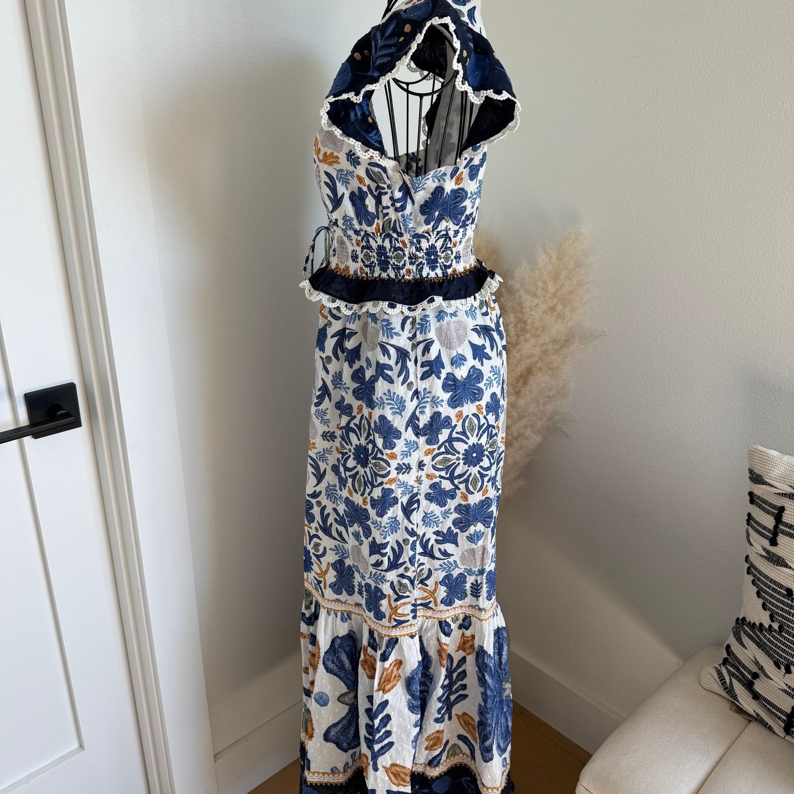 CAROLINE CONSTAS Caroline Constas Blue Floral Tapestry Ruffle Maxi Dress Size XS / US 0-2 / IT 36-38 - 4 Thumbnail