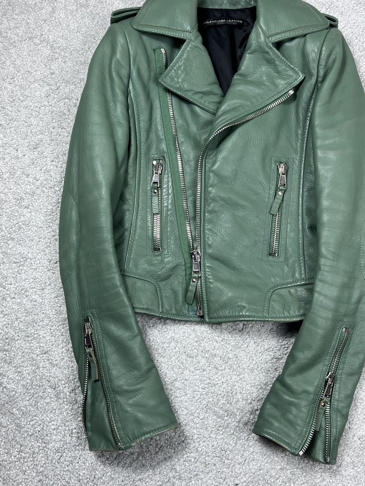 Balenciaga Balenciaga Green Leather Biker Jacket Size XS / US 0-2 / IT 36-38 - 3 Thumbnail