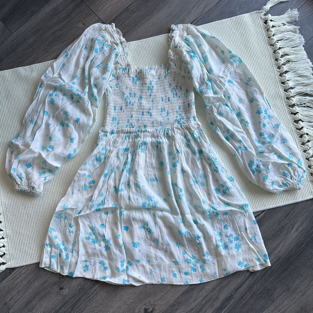 Ganni GANNI Shirred Crepe Floral White Mini Dress Size XS / US 0-2 / IT 36-38 - 1 Thumbnail
