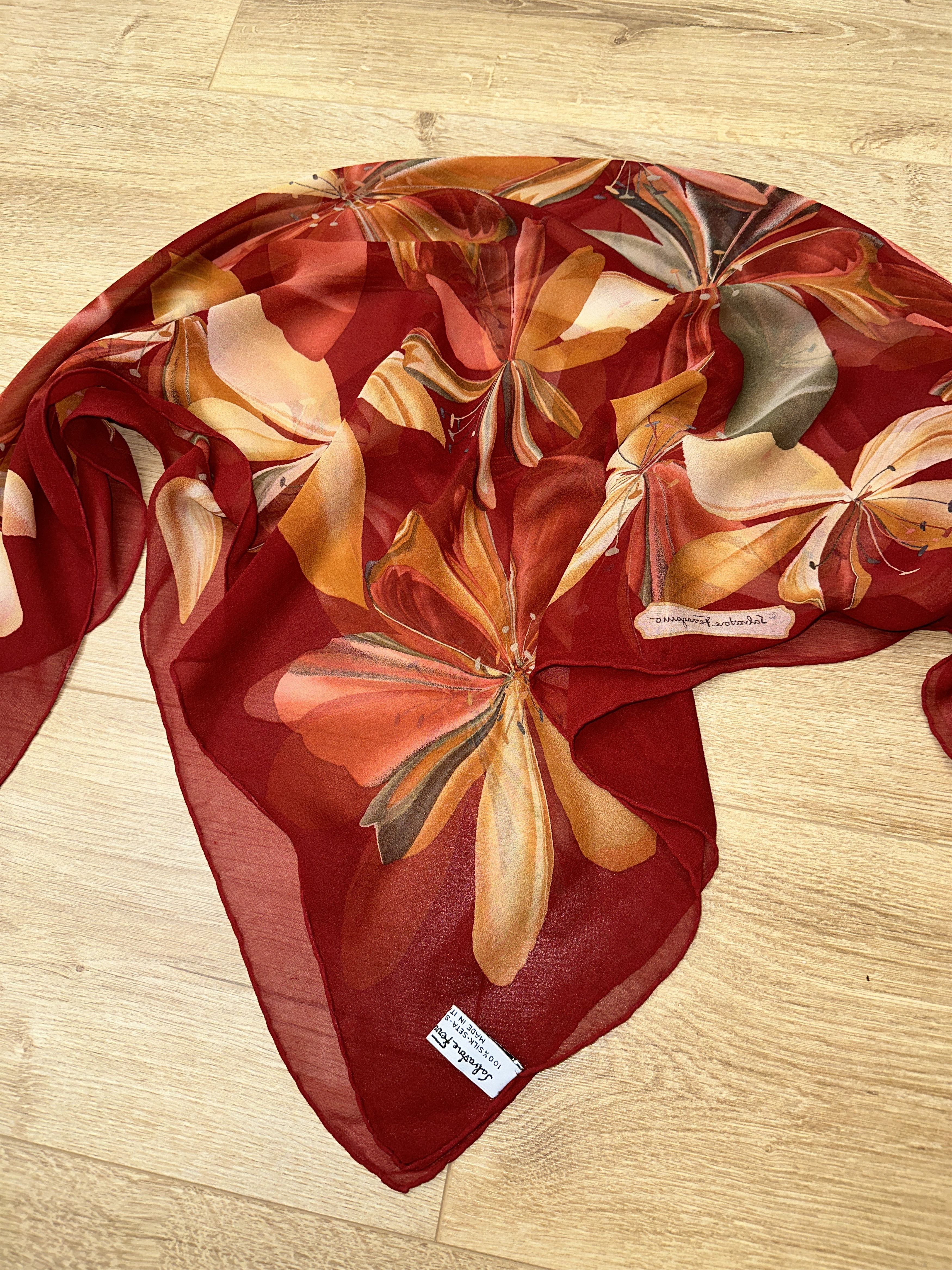 Salvatore Ferragamo Salvatore Ferragamo 100% Silk Floral Square Scarf Red 80cm Size ONE SIZE - 10 Thumbnail