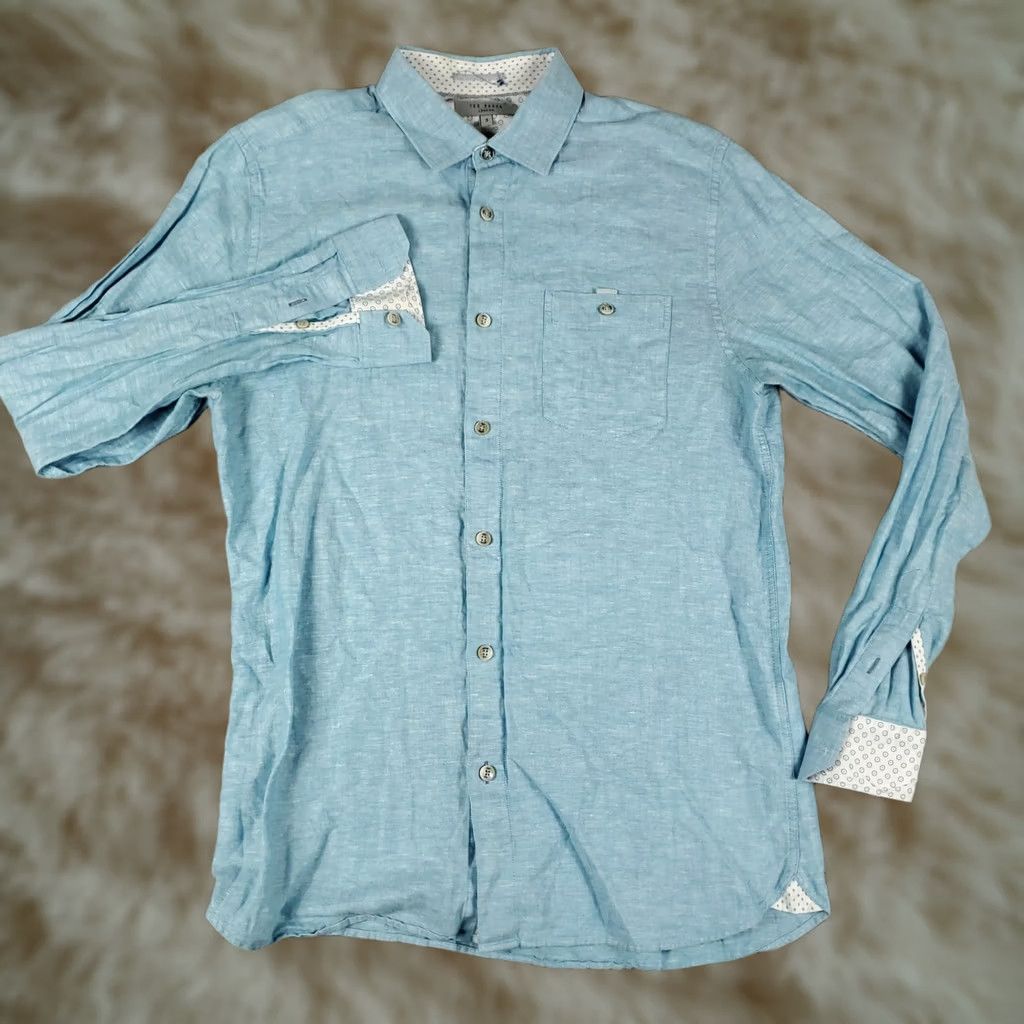 Ted Baker Ted Baker London Shirt Mens Size 3 Blue Linen Cotton Long Sleeve Button Up Size US S / EU 44-46 / 1 - 1 Thumbnail