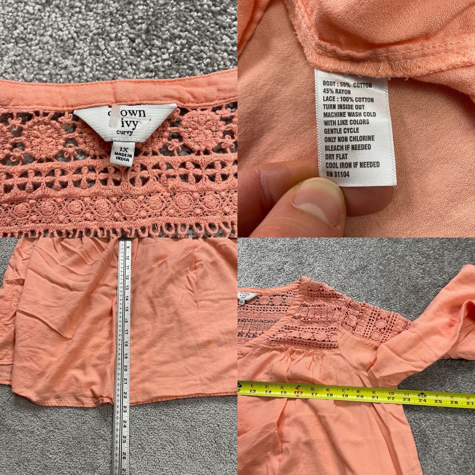 Vintage Crown & Ivy Blouse Womens XL Orange Crochet Bell Sleeve V-Neck Tunic Top Casual Womens Size XL / US 12-14 / IT 48-50 - 8 Thumbnail