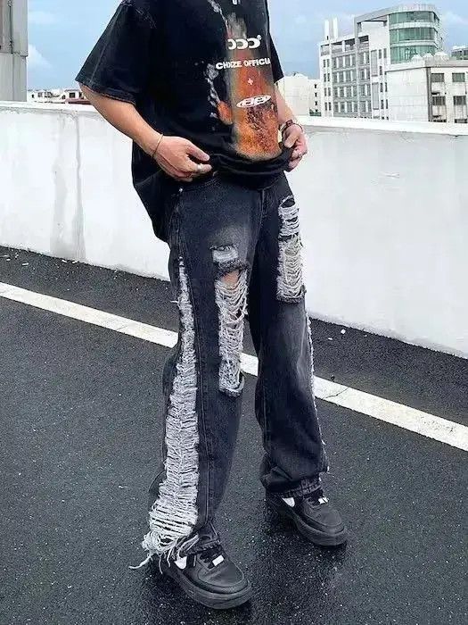 Japanese Brand Black Distressed Baggy Denim Jeans Size US 32 / EU 48 - 3 Thumbnail