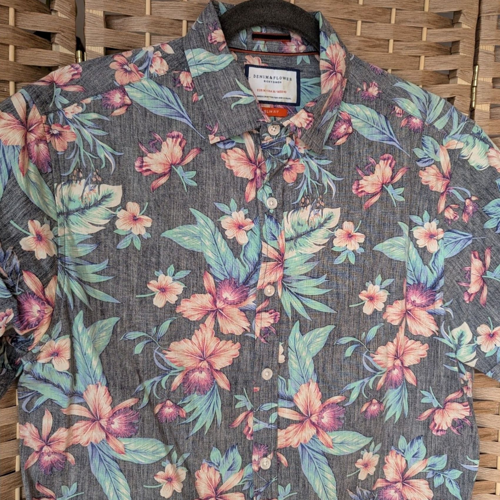 Denime Denim & Flower Mens Slim Fit Short Sleeve Button-Down Shirt M Size US M / EU 48-50 / 2 - 2 Thumbnail