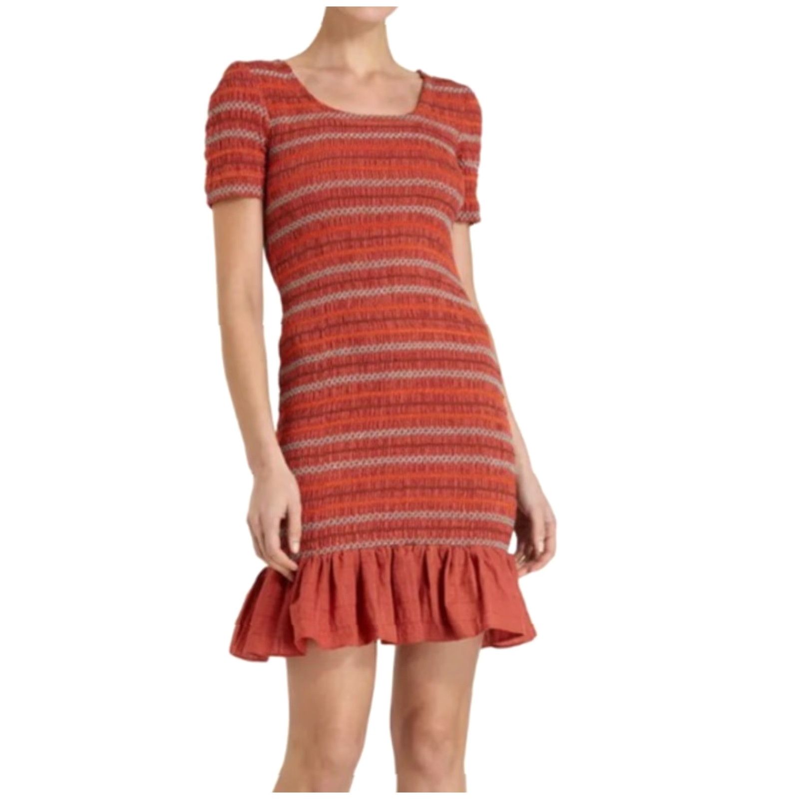 Opening Ceremony Opening Ceremony Dress Short Sleeve Midi Smocked Ruffle - Size M Womens Brown Midi Smocked Ruffle Short Sleeve Dress Size 32" / US 10 / IT 46 - 3 Thumbnail