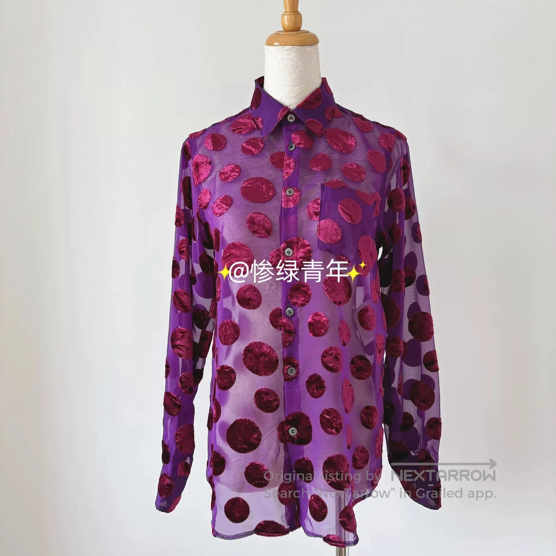 Junya Watanabe vintage purple velvet dotted sheer long sleeve shirt. Size US S / EU 44-46 / 1 - 1 Thumbnail