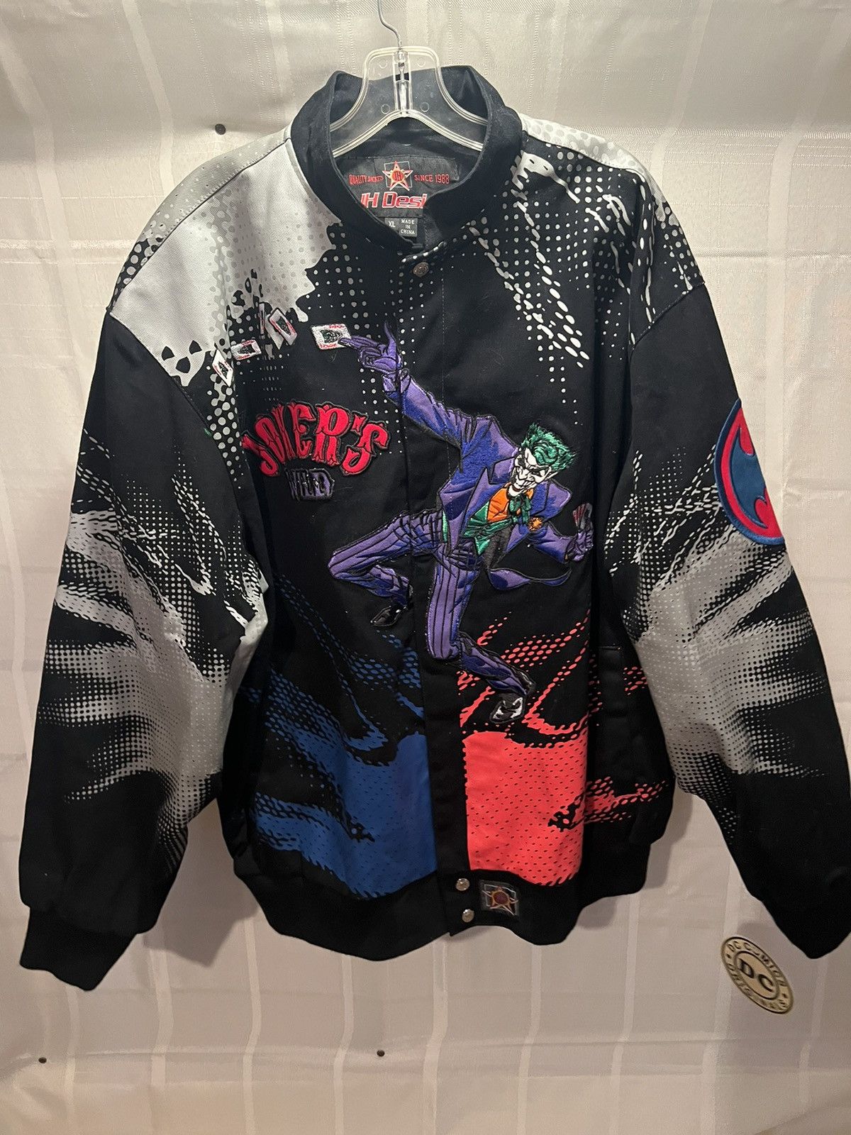 image of Jh Designs Batman Joker’S Wild Vintage Bomber Jacket Men XL in Black