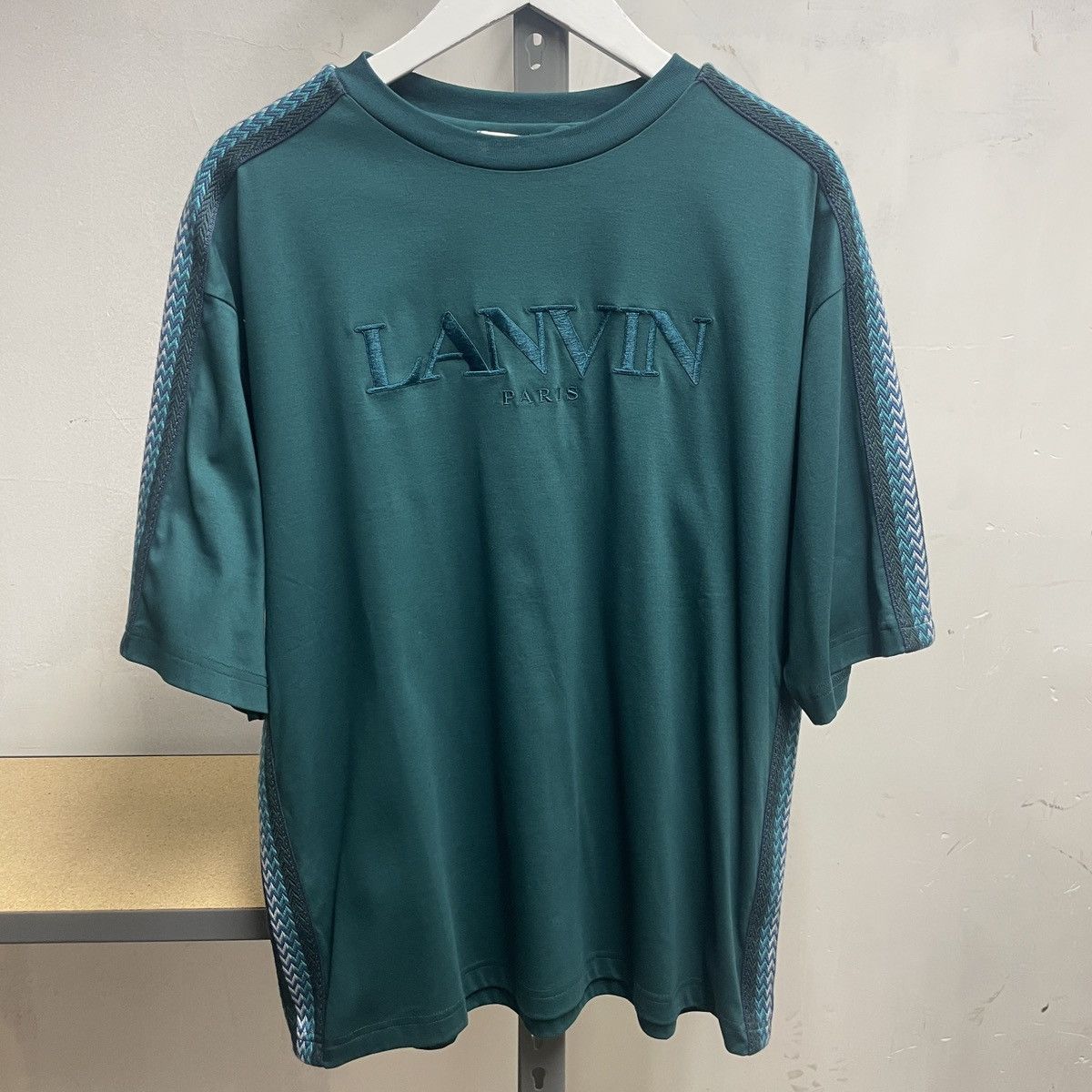 image of Lanvin Curb Side Paris Logo T-Shirt Size XL in Teal, Men's