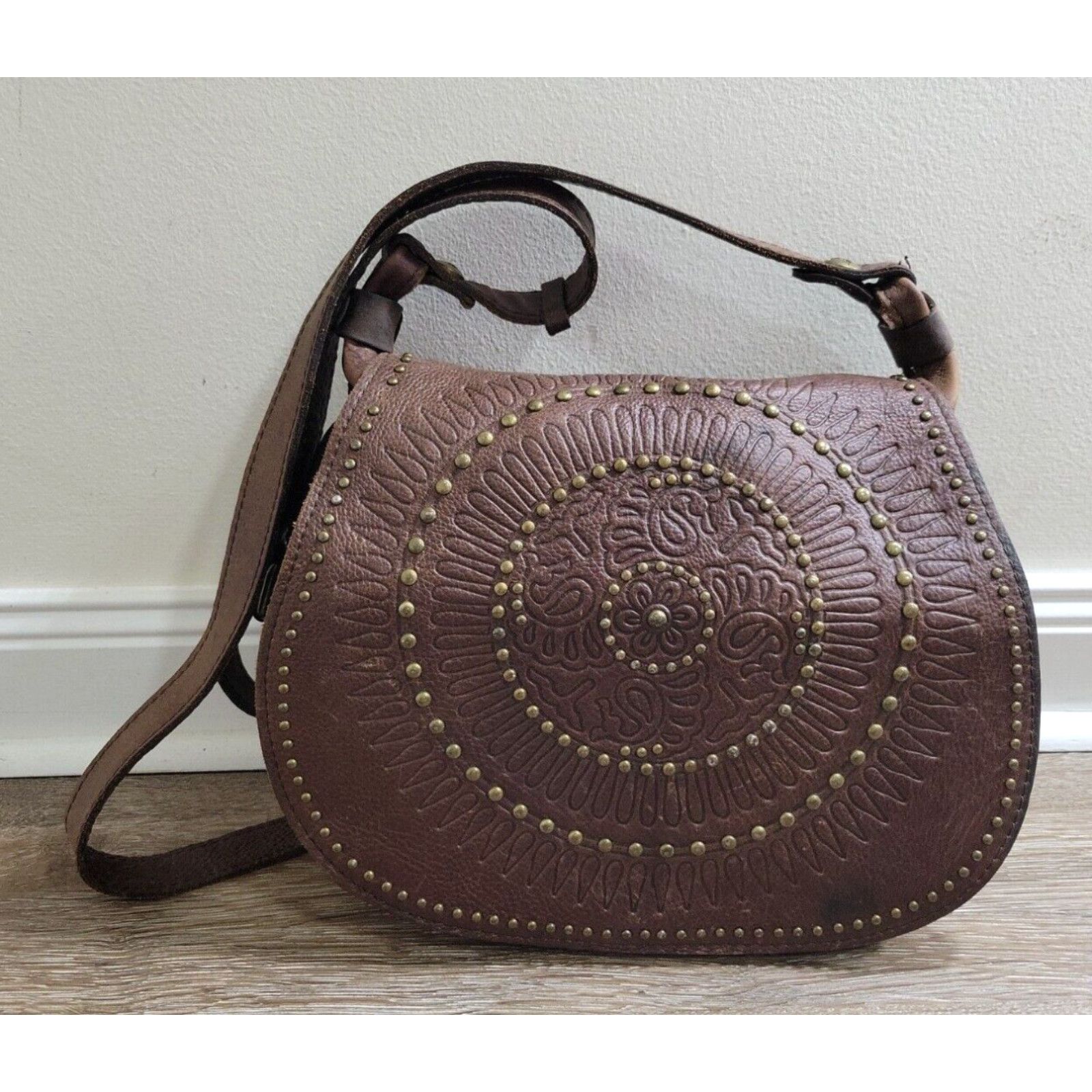 image of Patricia Nash Mandala Studded Leather Women's Crossbody Saddle Bag Embossed Flap in White