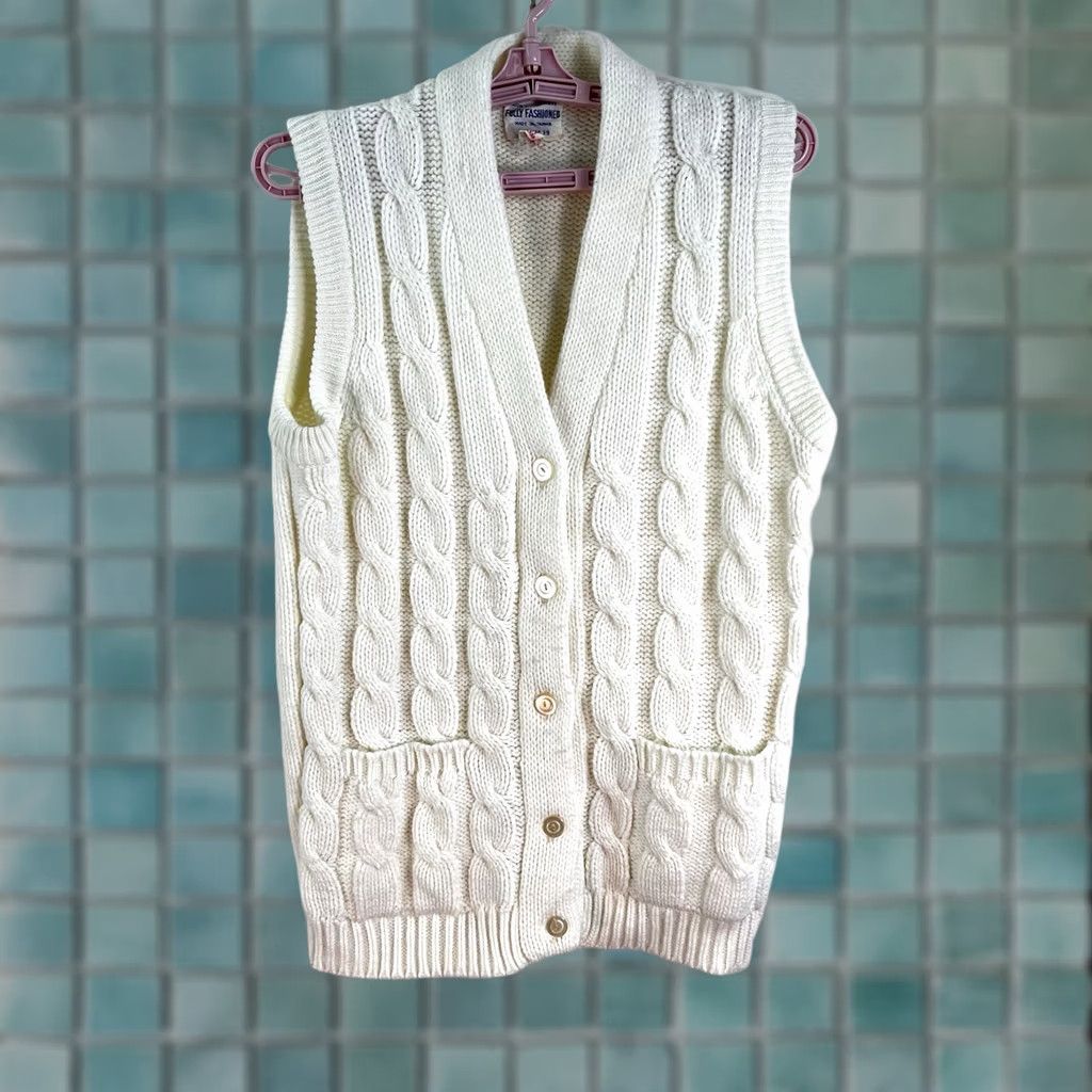 Vintage VTG Fully Fashioned Cardigan Vest Sweater White L Geometric Cable Knit Sleeveless V-Neck Women, 80s 90s Preppy Pockets Size L / US 10 / IT 46 - 1 Thumbnail
