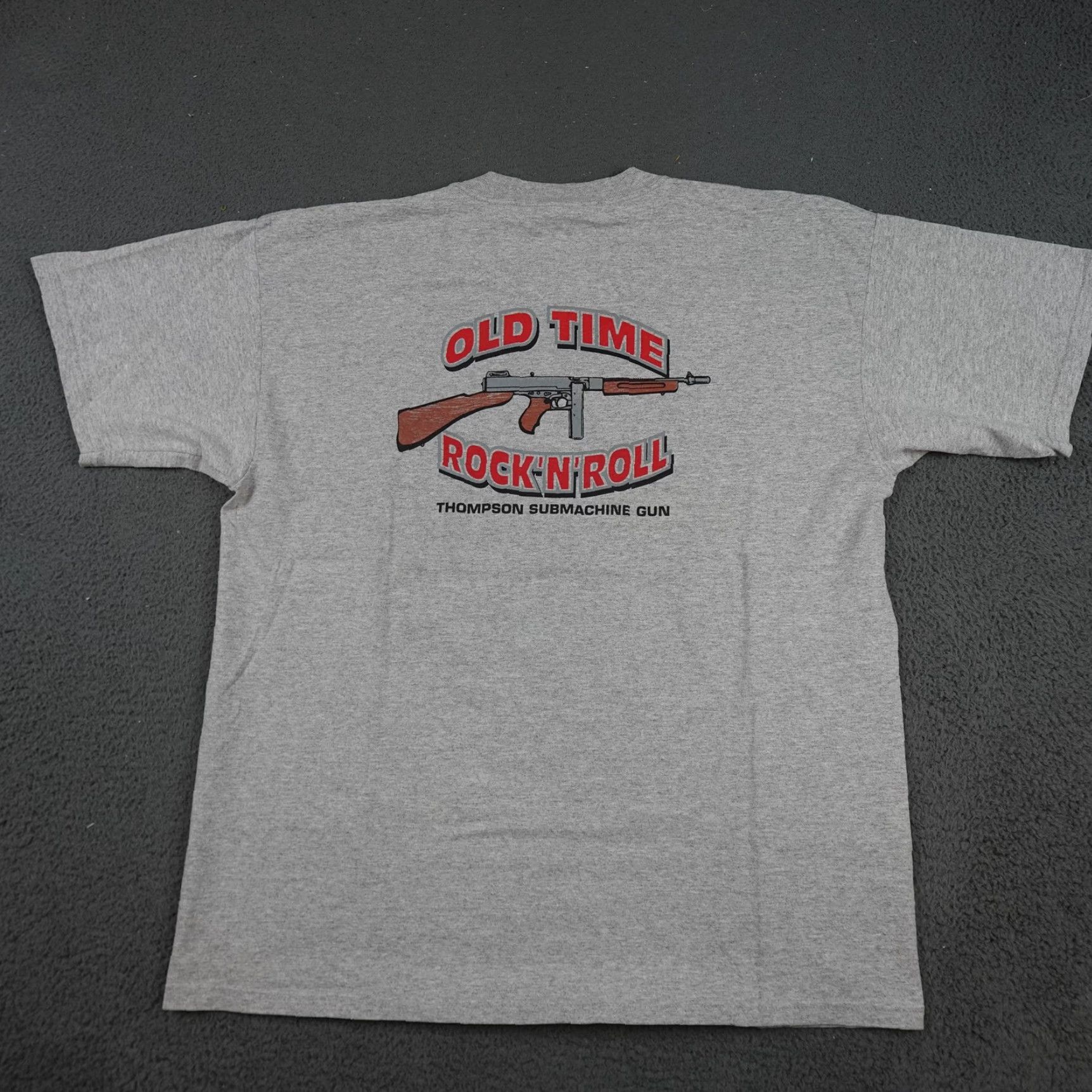 Gildan VINTAGE Thompson Gun Shirt Mens XL Gray Old Time Rock N Roll Graphic Tee Back Size US XL / EU 56 / 4 - 4 Thumbnail