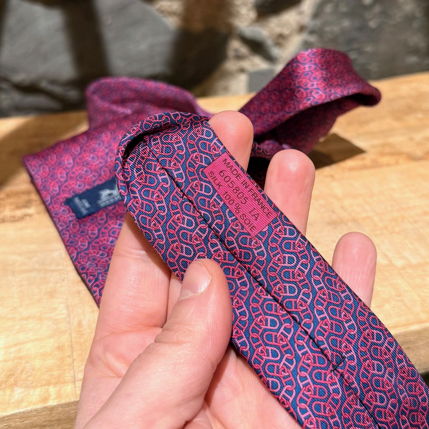 Hermes Hermès Pink Chaine D'Ancre Pattern Navy Silk Tie Size ONE SIZE - 6 Thumbnail