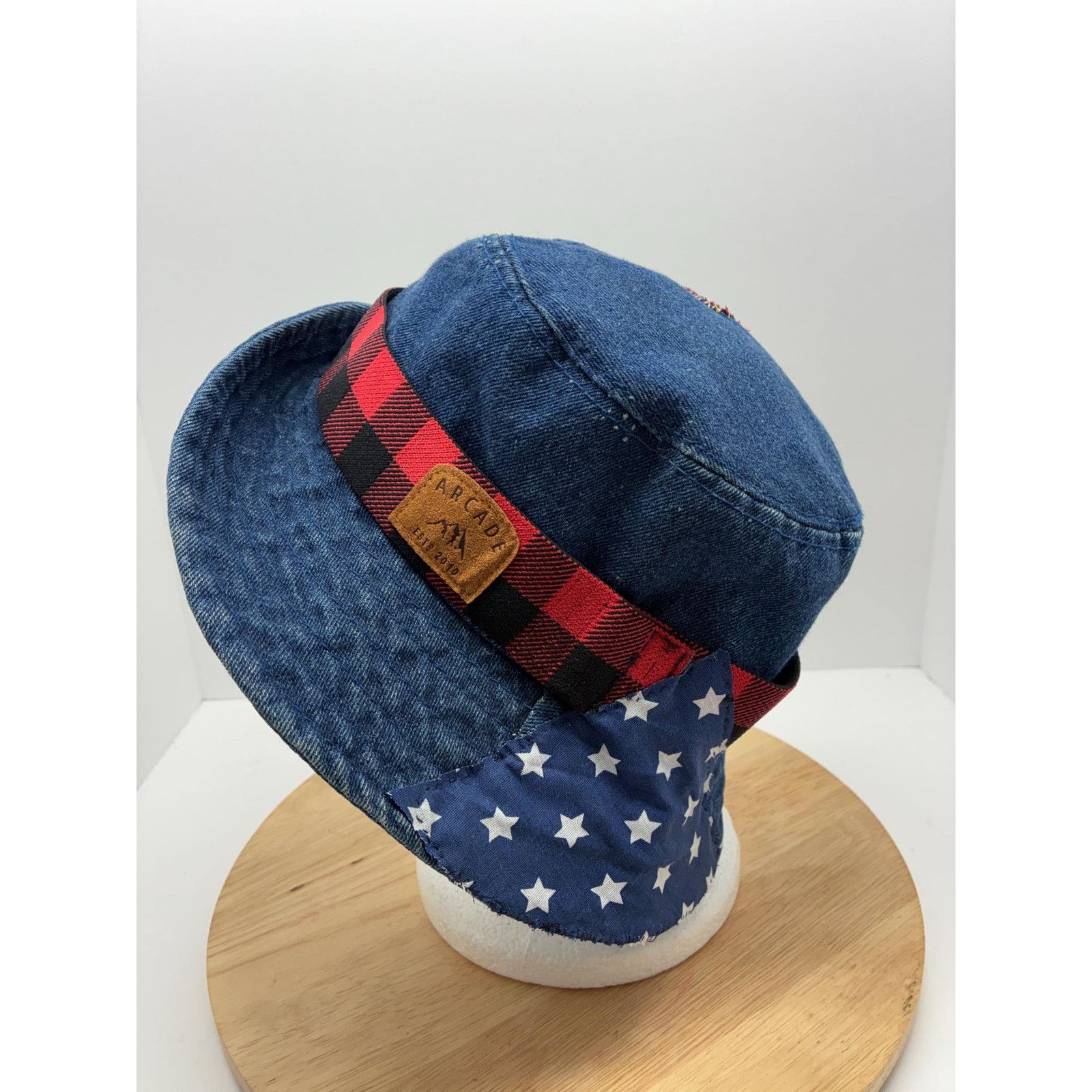 Other Vintage Denim Hat Reworked – Small 22” Red Plaid, Americana Size ONE SIZE - 3 Thumbnail