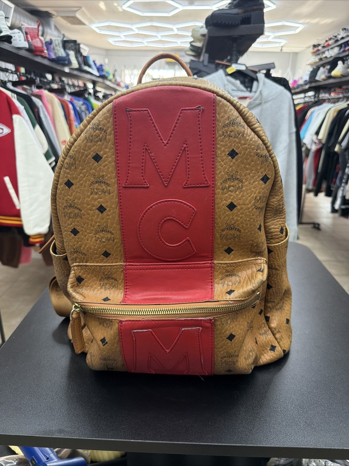 MCM MCM Visetos Medium Stark Logo Stripe Backpack Cognac Red Size ONE SIZE - 11 Thumbnail
