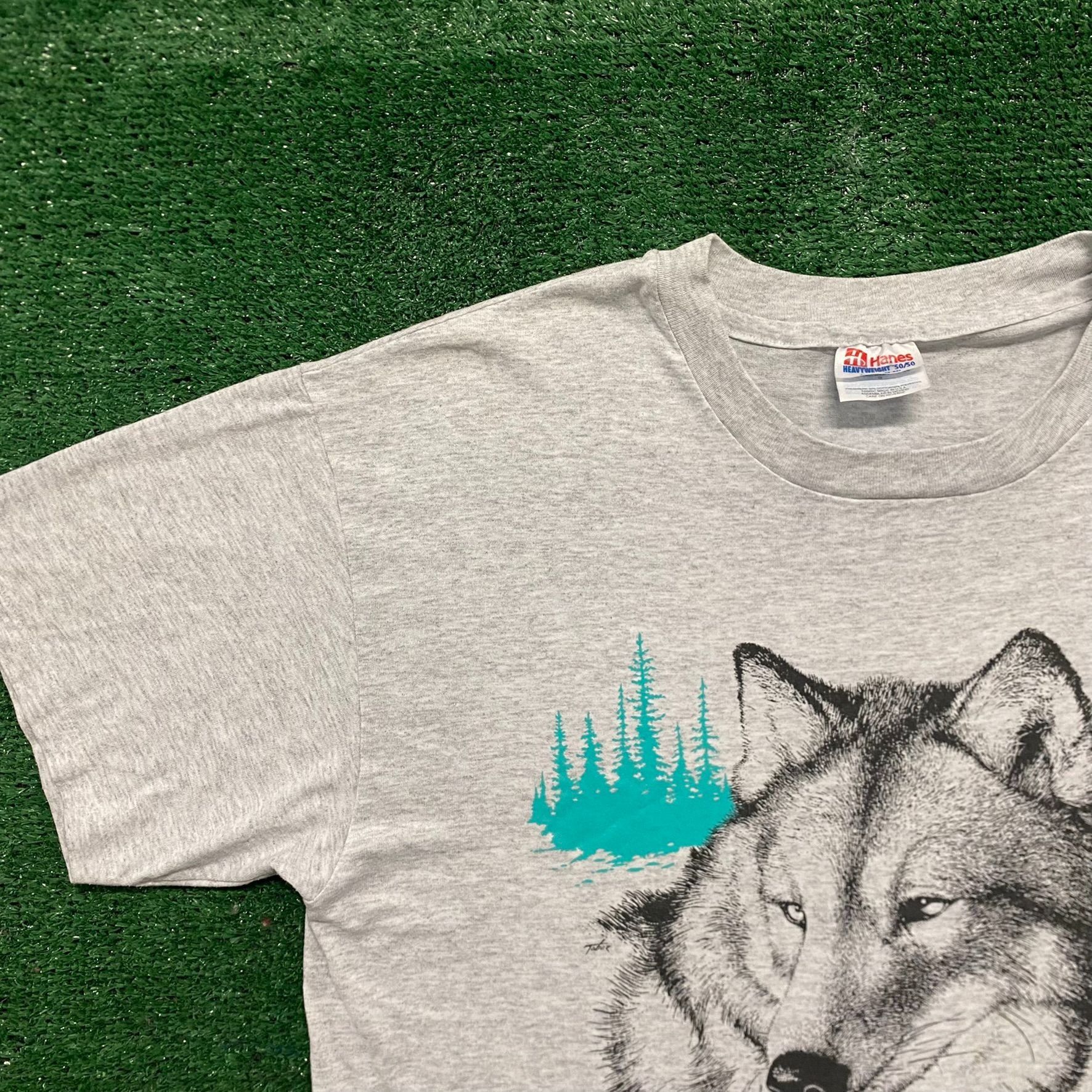 Hanes Vintage 90s Wolf Face T-Shirt Nature Art Single Stitch Tee Size US L / EU 52-54 / 3 - 3 Thumbnail